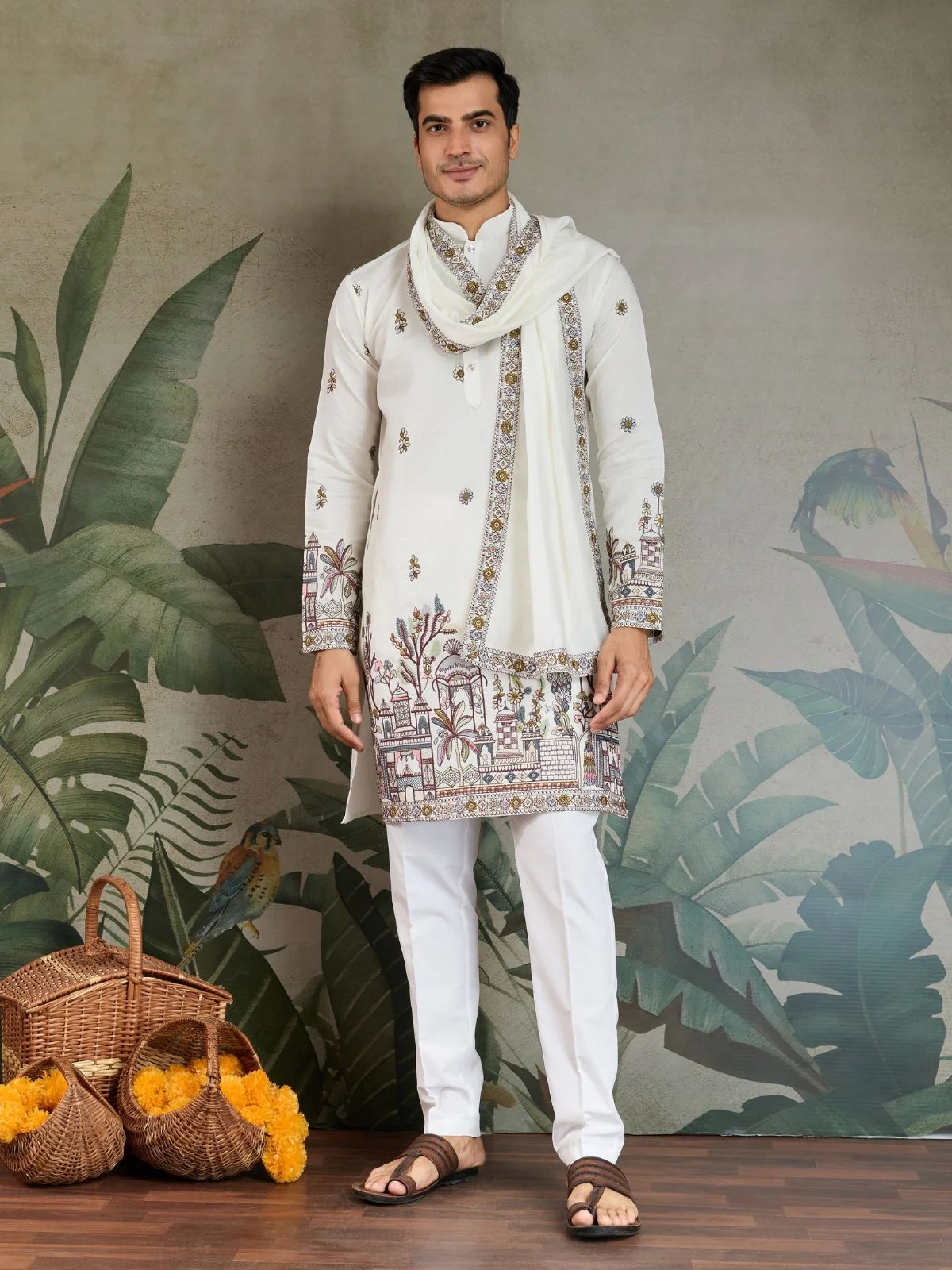Odette White Viscose Silk Embroidered Stitched Kurta For Men - Image 3