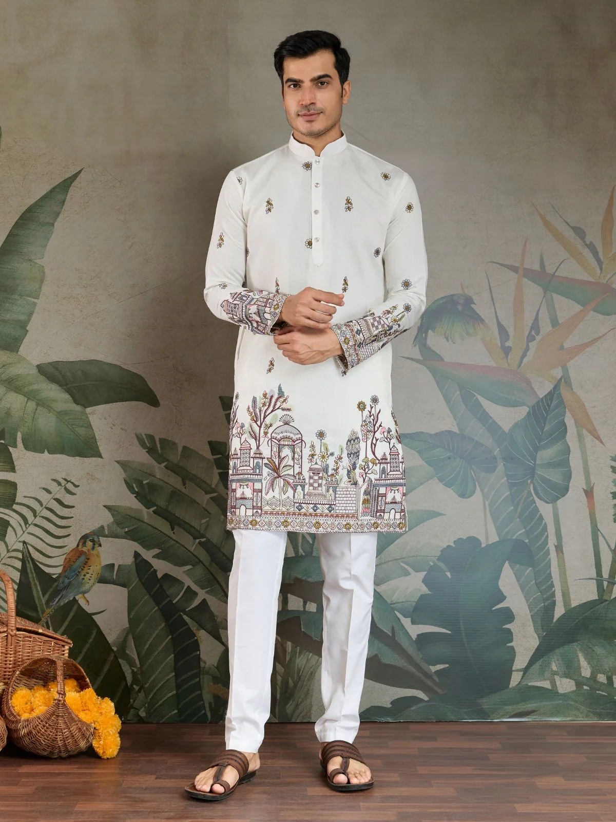Odette White Viscose Silk Embroidered Stitched Kurta For Men - Image 4