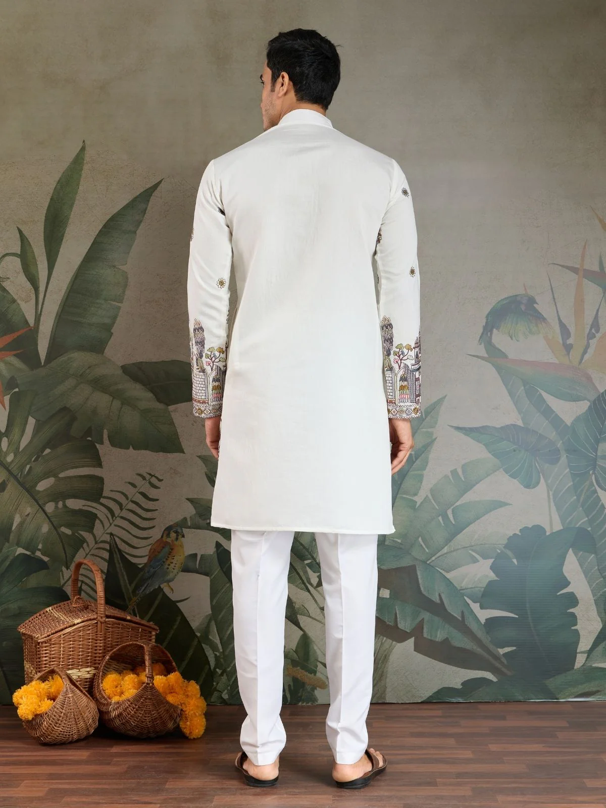 Odette White Viscose Silk Embroidered Stitched Kurta For Men - Image 6