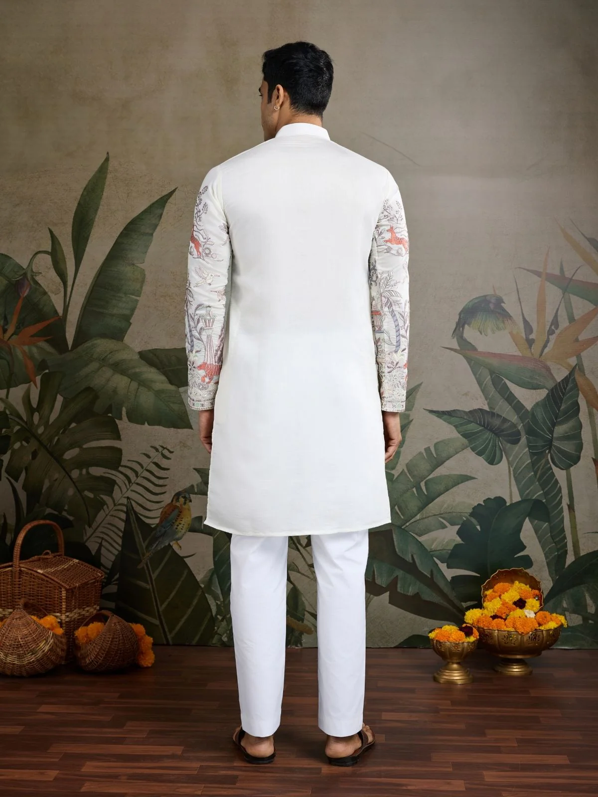 Odette White Viscose Silk Embroidered Stitched Kurta For Men - Image 3