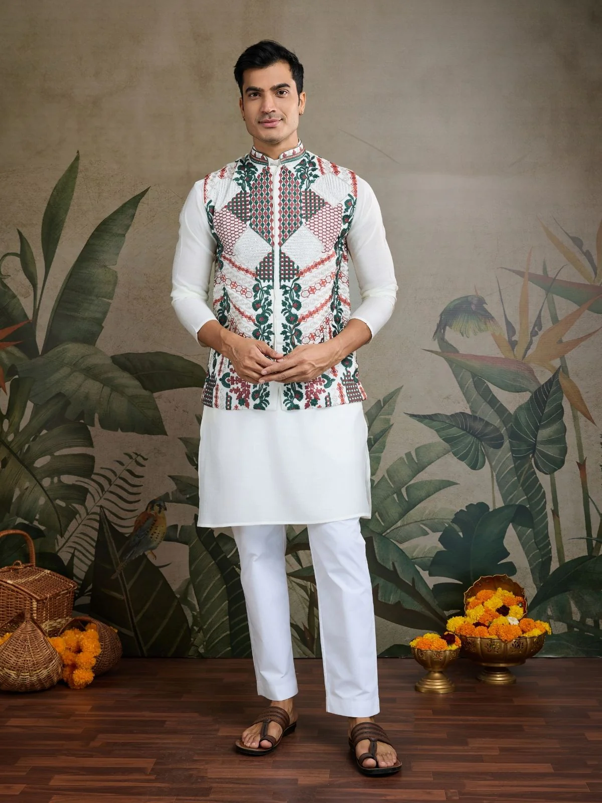 Odette White Viscose Silk Embroidered Stitched Kurta For Men