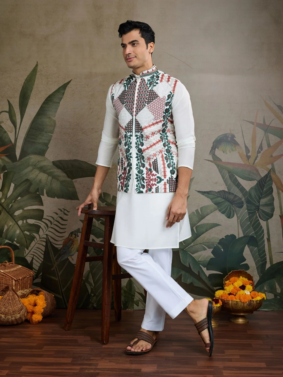 Odette White Viscose Silk Embroidered Stitched Kurta For Men - Image 2