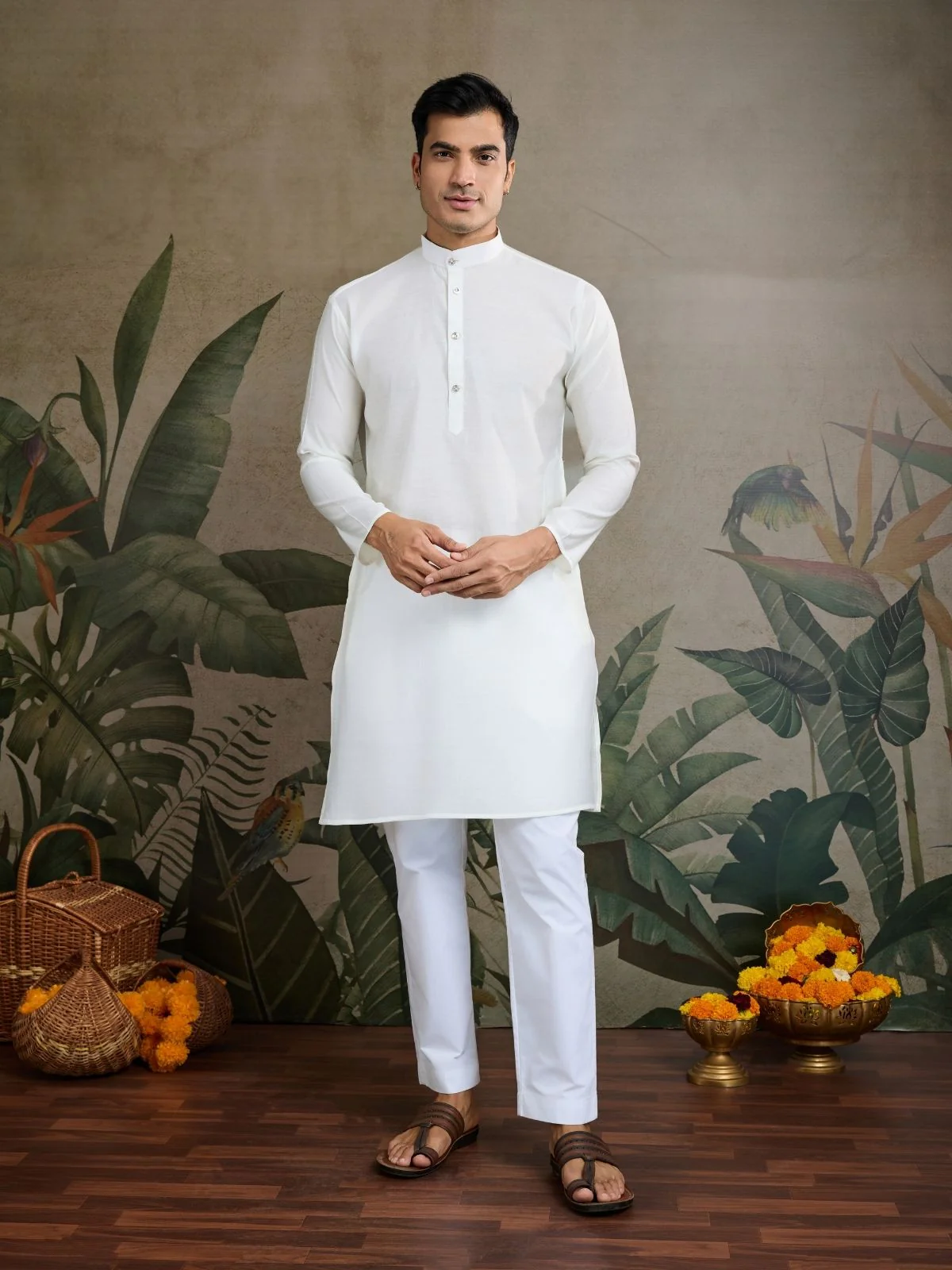 Odette White Viscose Silk Embroidered Stitched Kurta For Men - Image 3