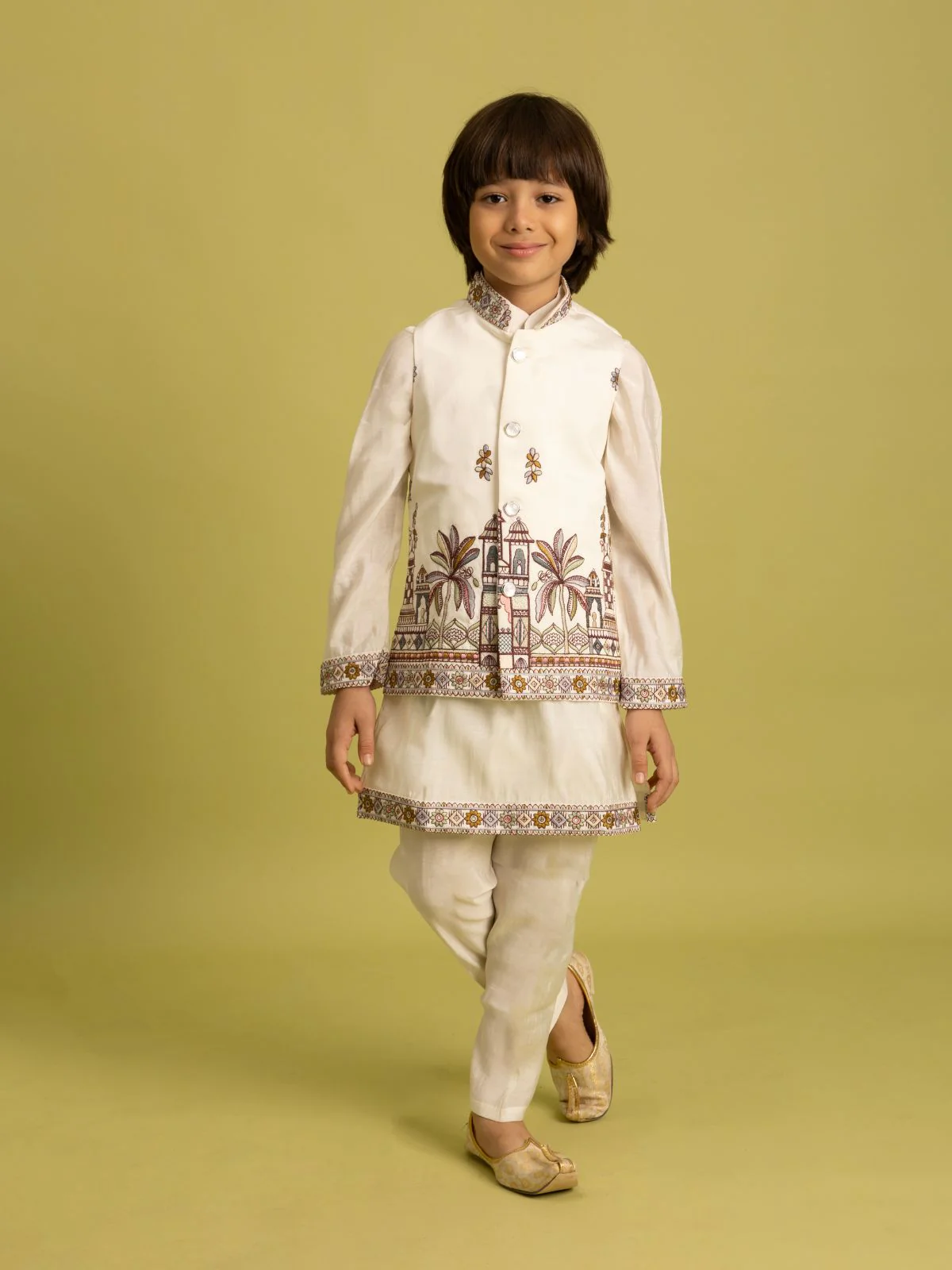 Odette White Viscose Silk Embroidered Stitched Kurta Set For Kids