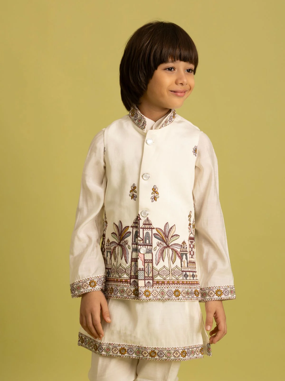 Odette White Viscose Silk Embroidered Stitched Kurta Set For Kids - Image 4