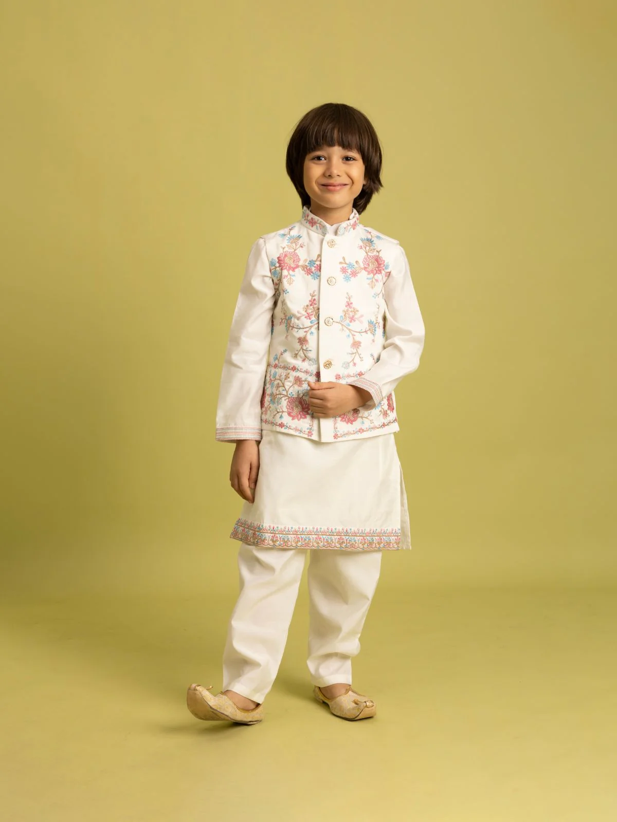 Odette White Viscose Silk Embroidered Stitched Kurta Set For Kids