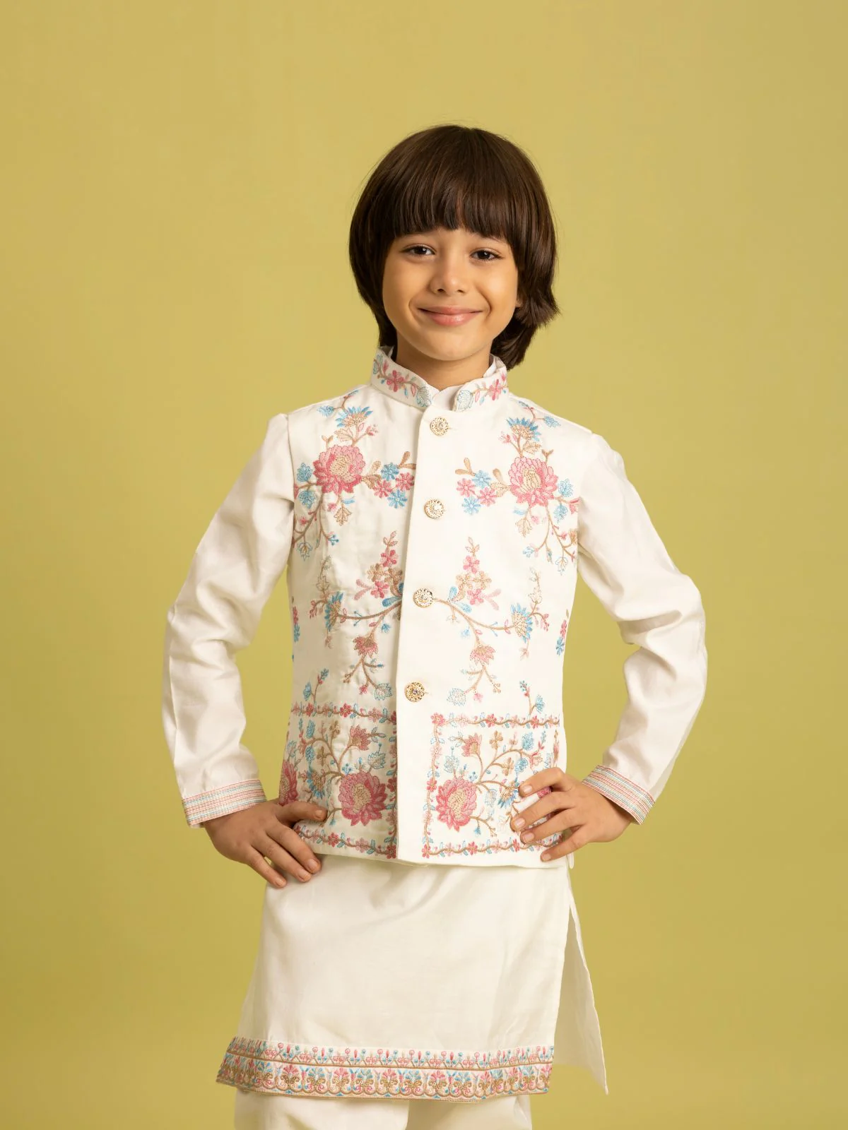 Odette White Viscose Silk Embroidered Stitched Kurta Set For Kids - Image 5