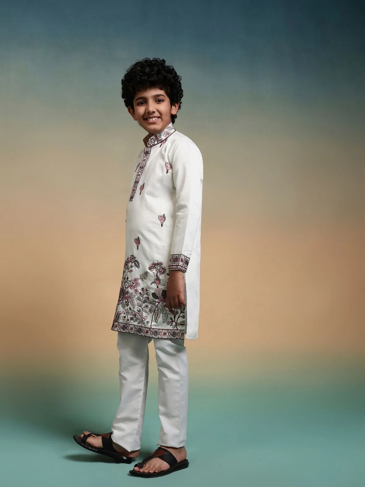 Odette White Viscose Silk Embroidered Stitched Kurta Set For Kids - Image 2