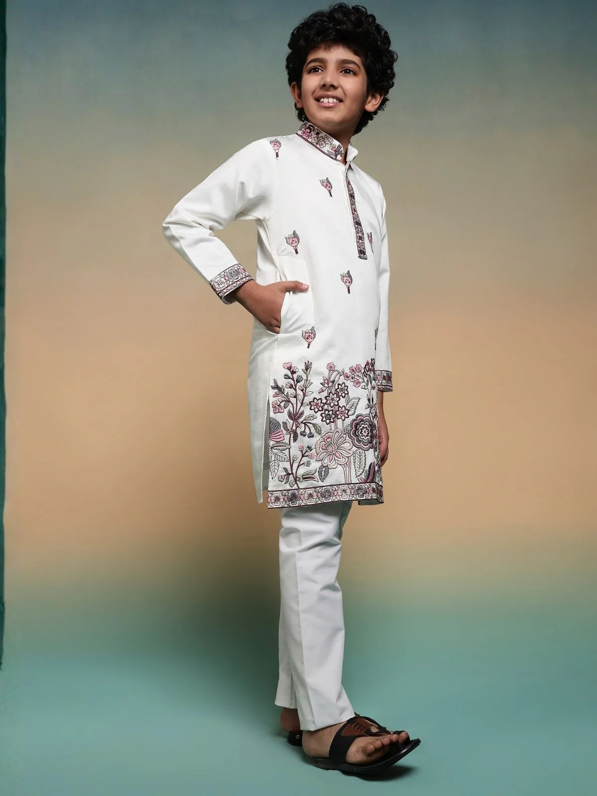 Odette White Viscose Silk Embroidered Stitched Kurta Set For Kids - Image 3