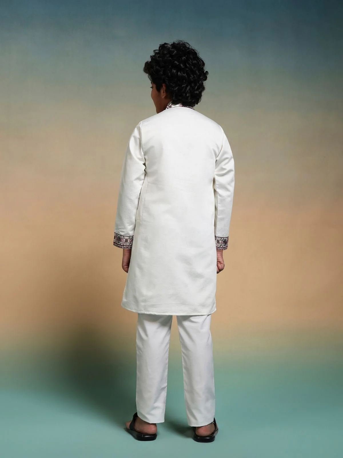 Odette White Viscose Silk Embroidered Stitched Kurta Set For Kids - Image 4