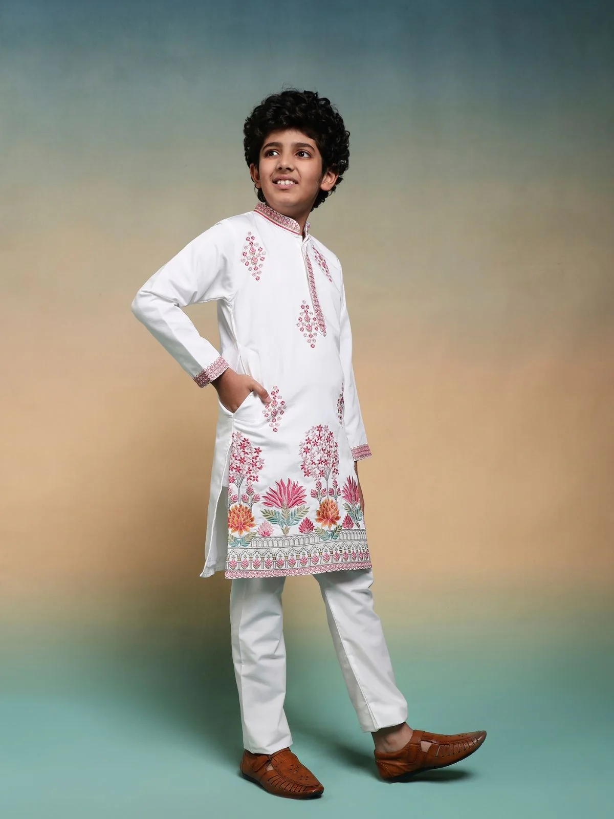 Odette White Viscose Silk Embroidered Stitched Kurta Set For Kids - Image 3