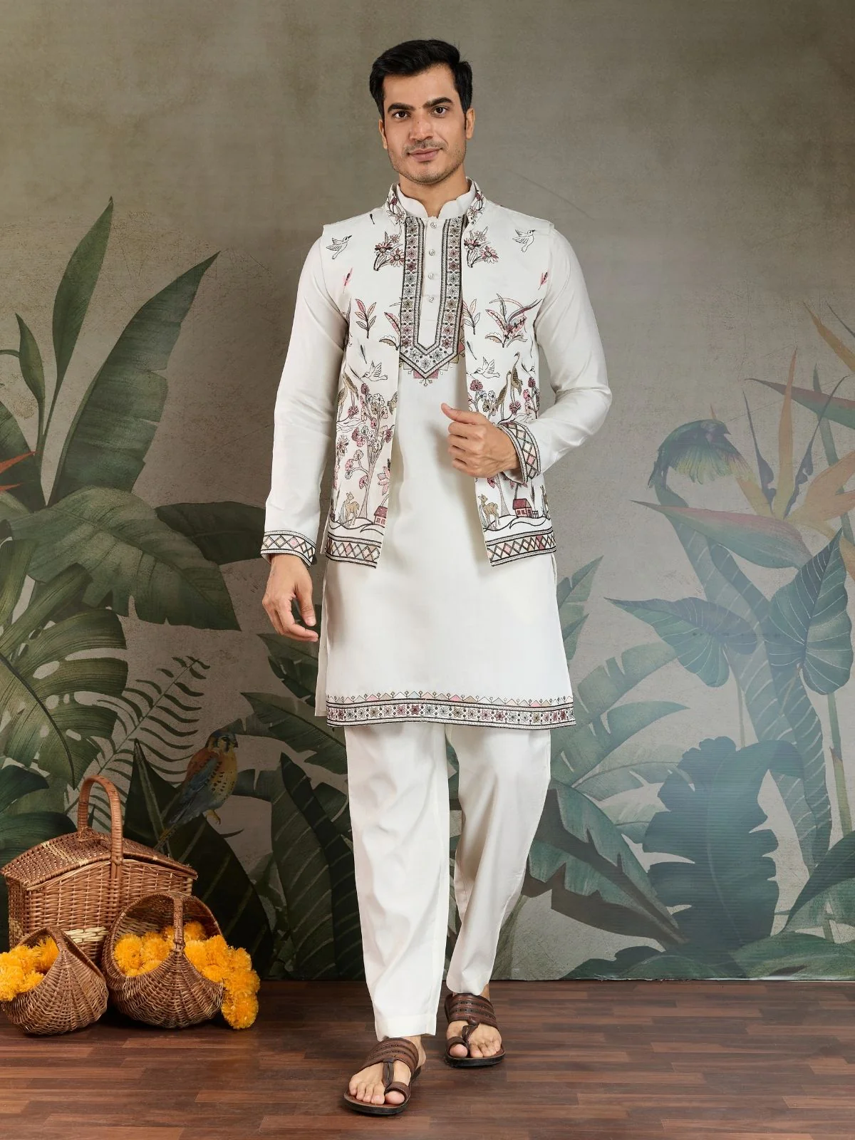 Odette White Viscose Silk Embroidered Stitched Kurta Set For Men
