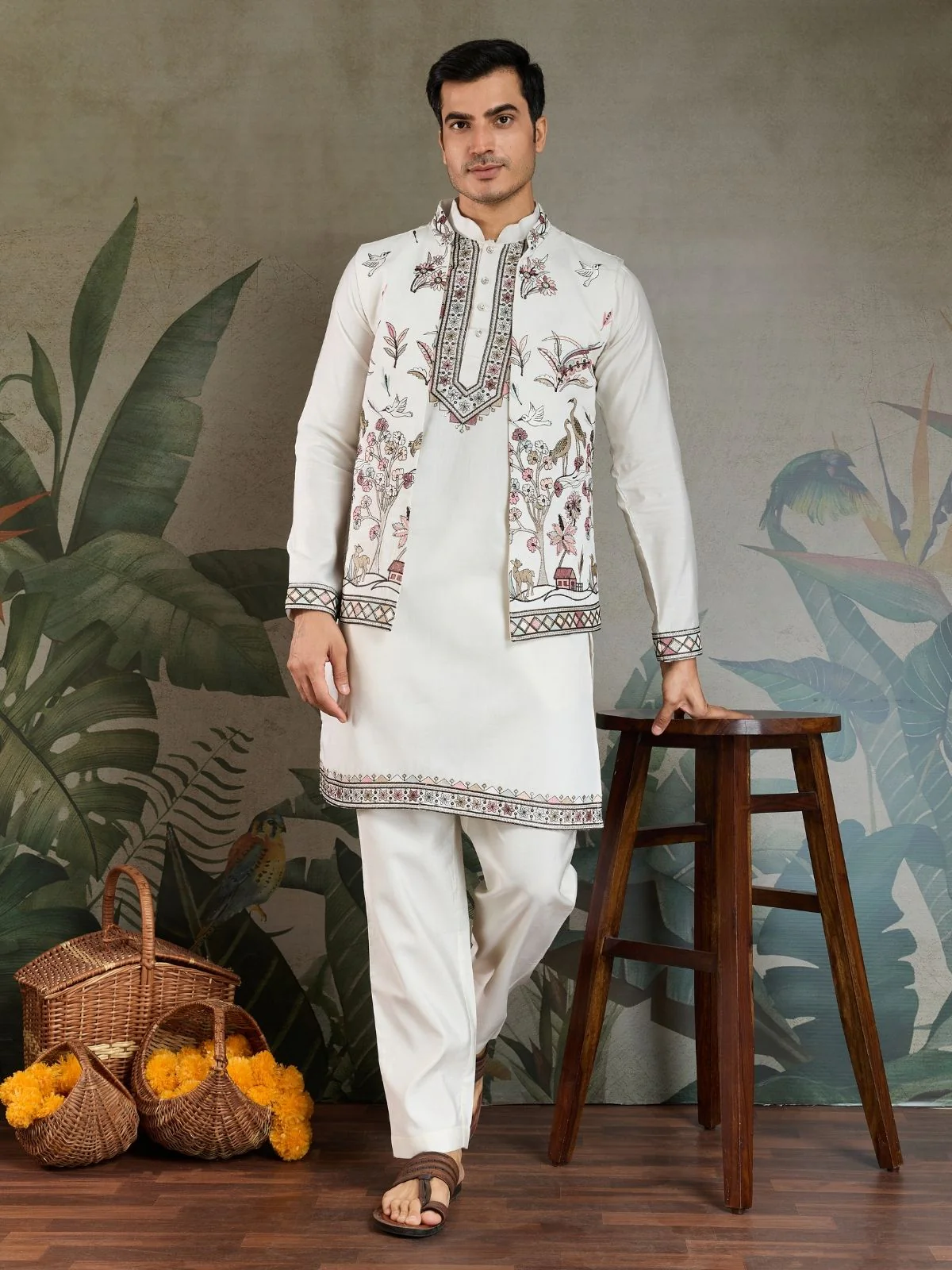 Odette White Viscose Silk Embroidered Stitched Kurta Set For Men - Image 2