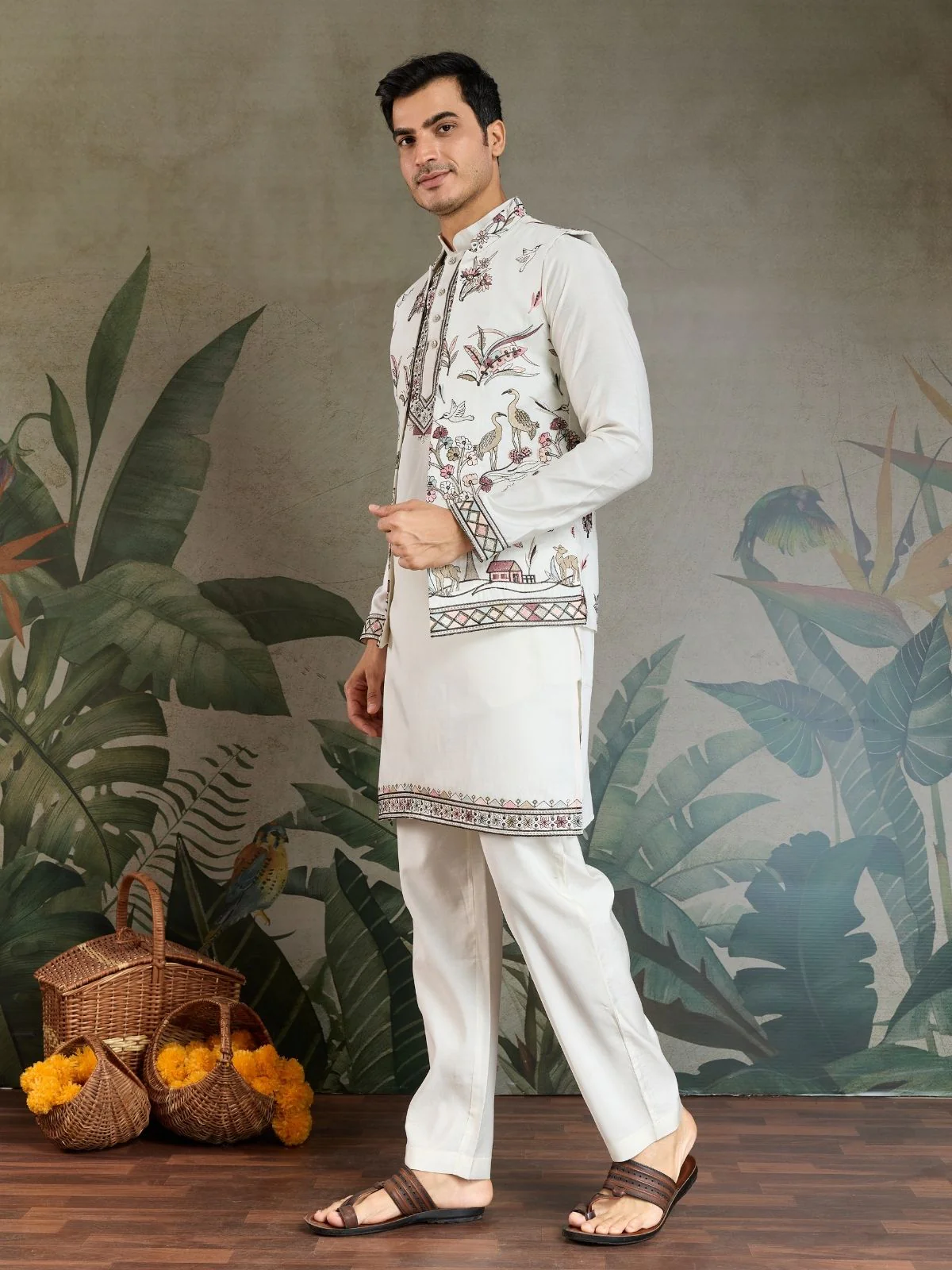 Odette White Viscose Silk Embroidered Stitched Kurta Set For Men - Image 3