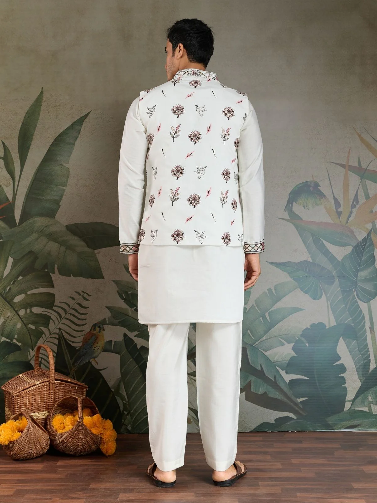Odette White Viscose Silk Embroidered Stitched Kurta Set For Men - Image 4