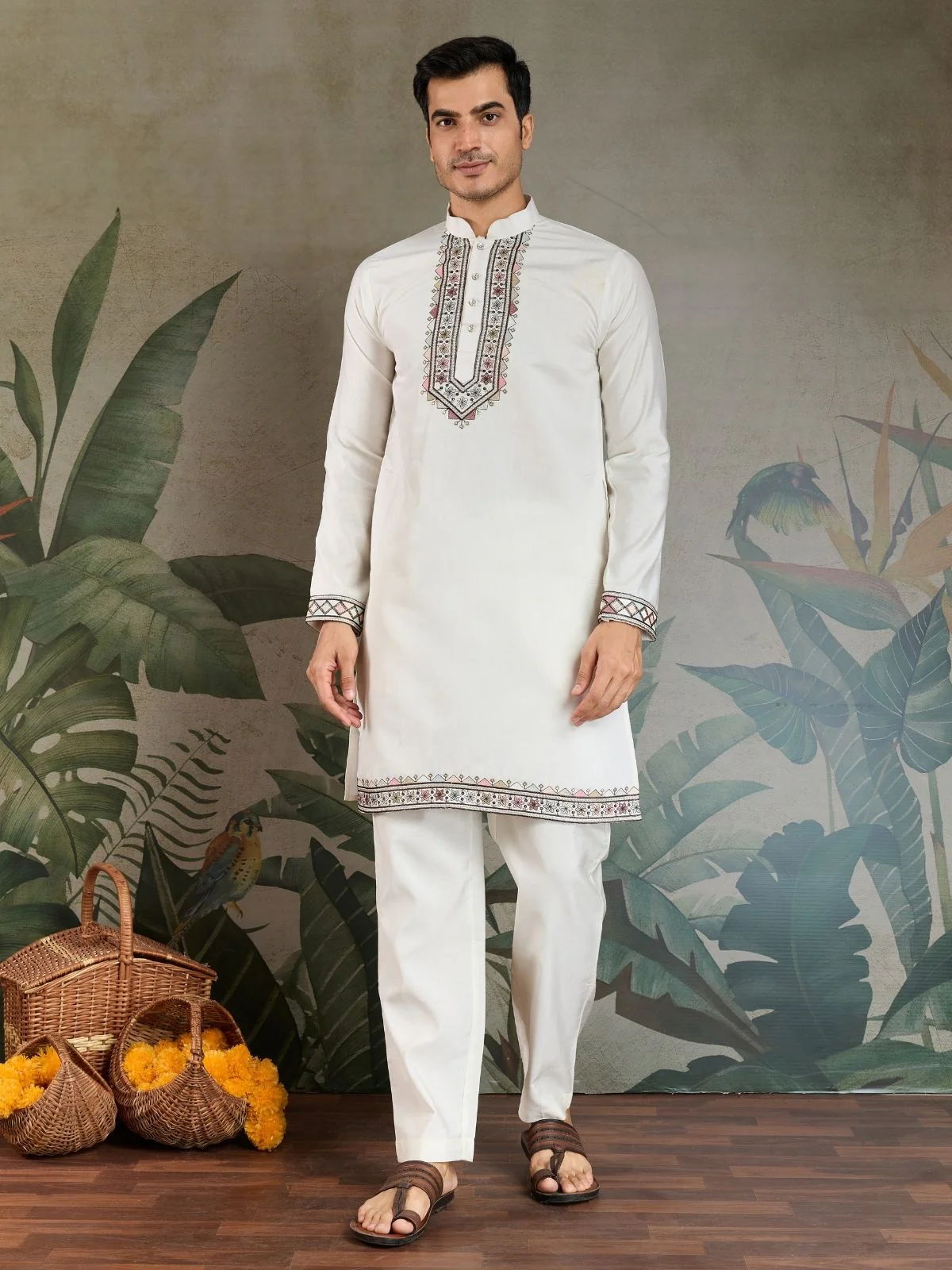Odette White Viscose Silk Embroidered Stitched Kurta Set For Men - Image 5