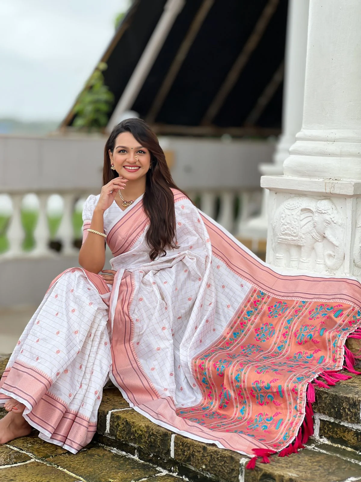 Odette White Woven Design Silk Blend Saree With Unstitched Blouse For Women