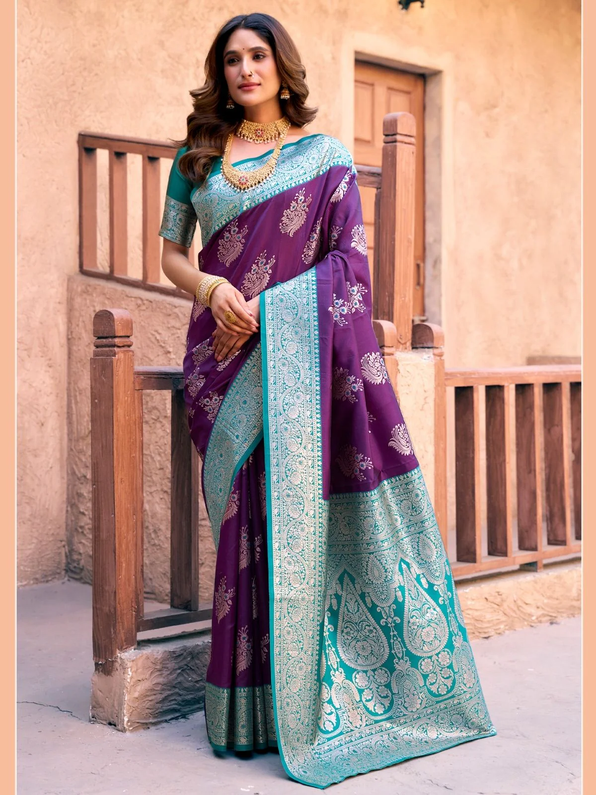 Odette Wine and Teal Blue Silk Blend Woven Saree For Women