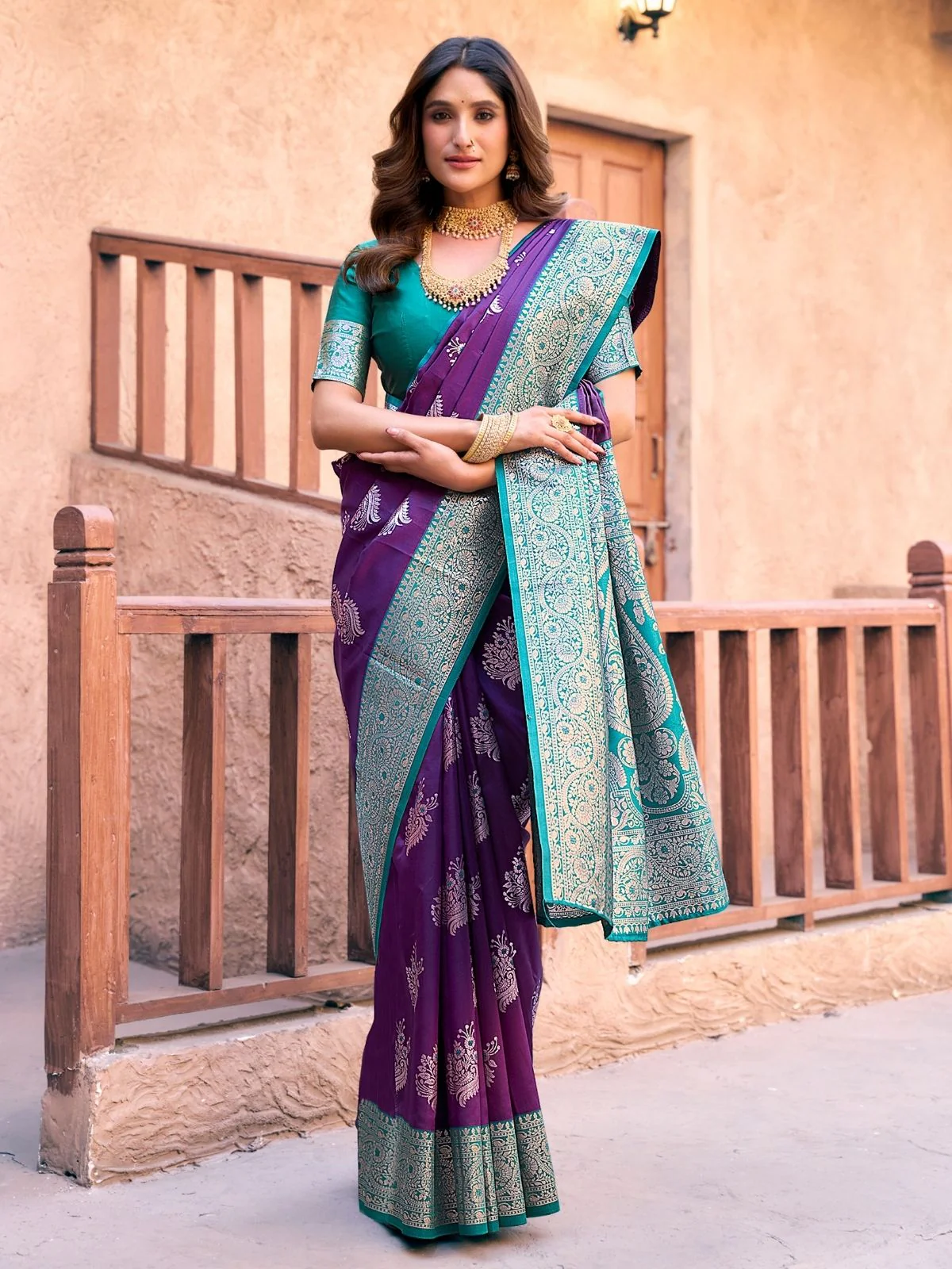 Odette Wine and Teal Blue Silk Blend Woven Saree For Women - Image 2