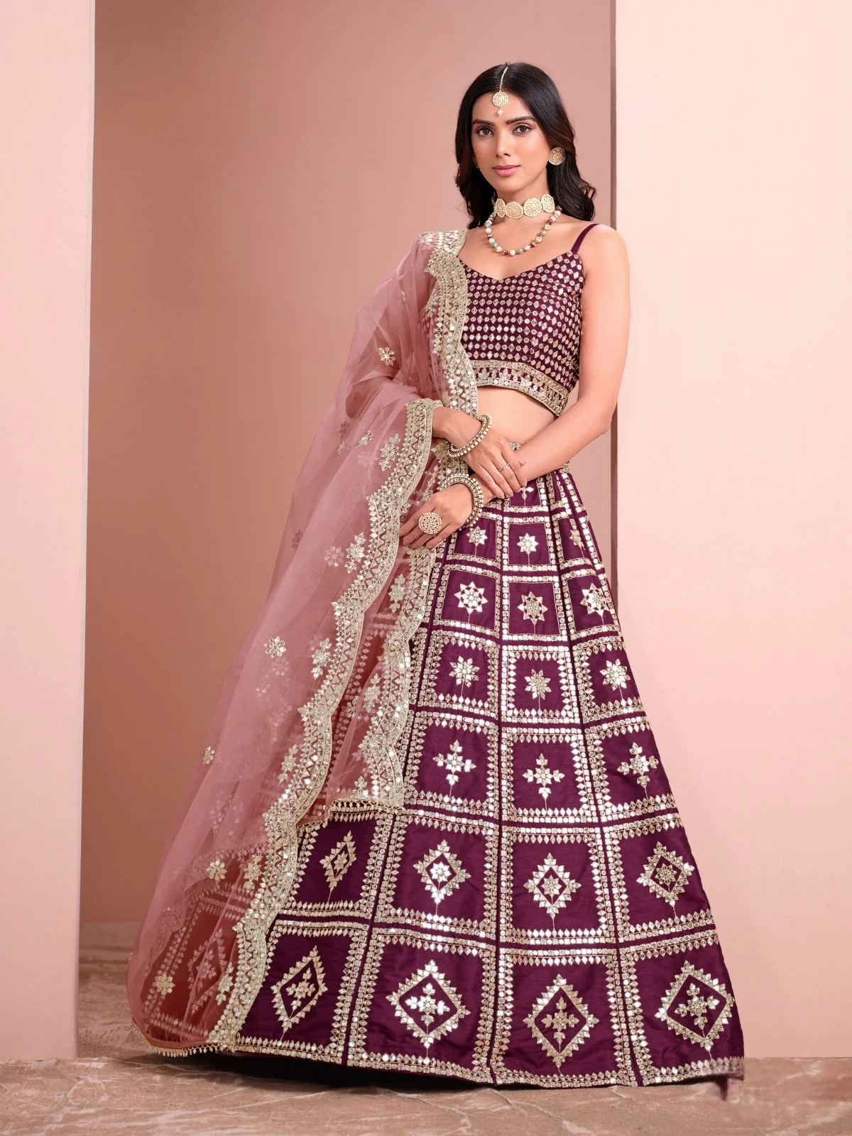 Odette Wine Art Silk Embellished Semi-Stitched lehenga For Women - Image 2