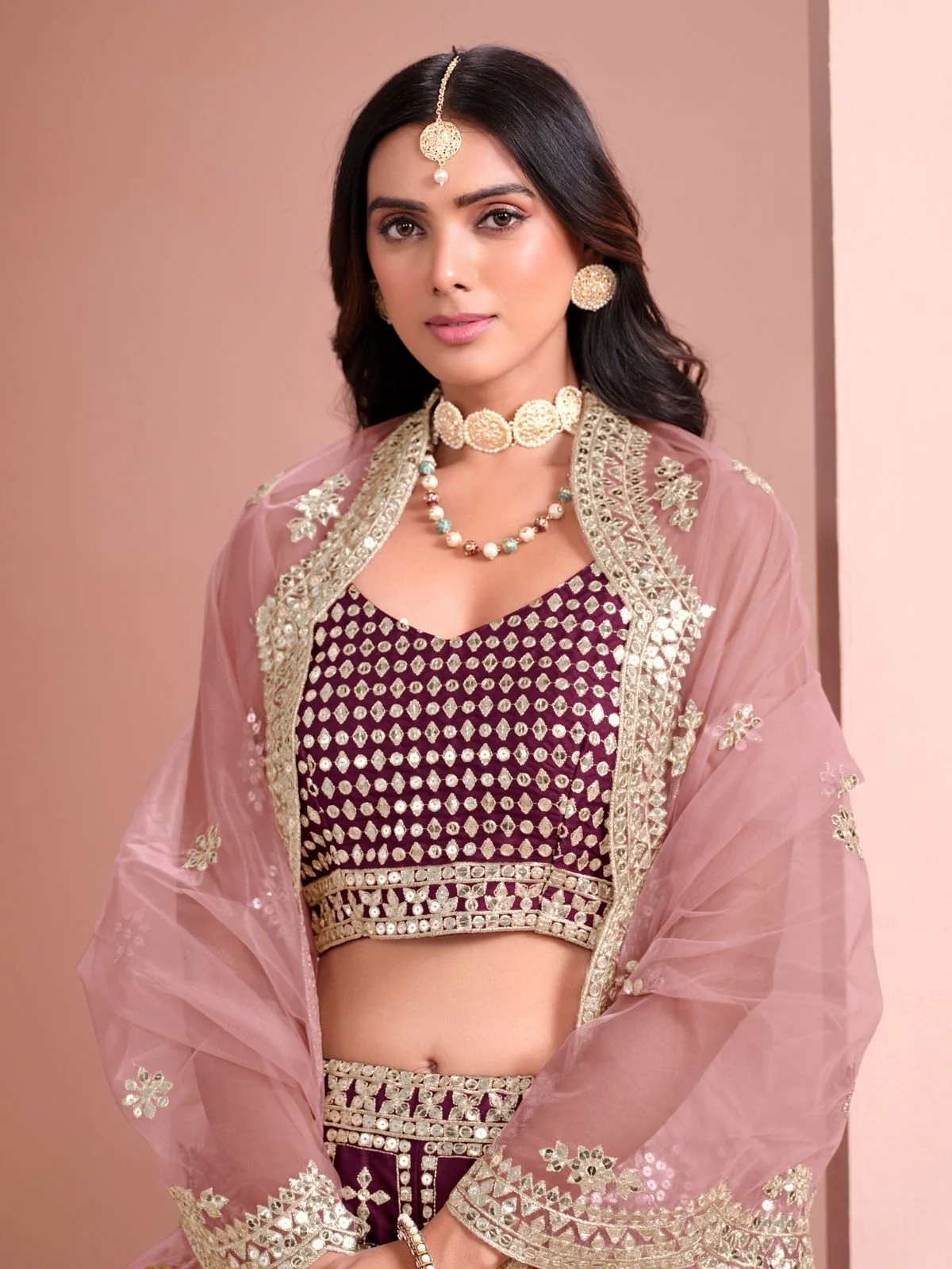 Odette Wine Art Silk Embellished Semi-Stitched lehenga For Women - Image 4