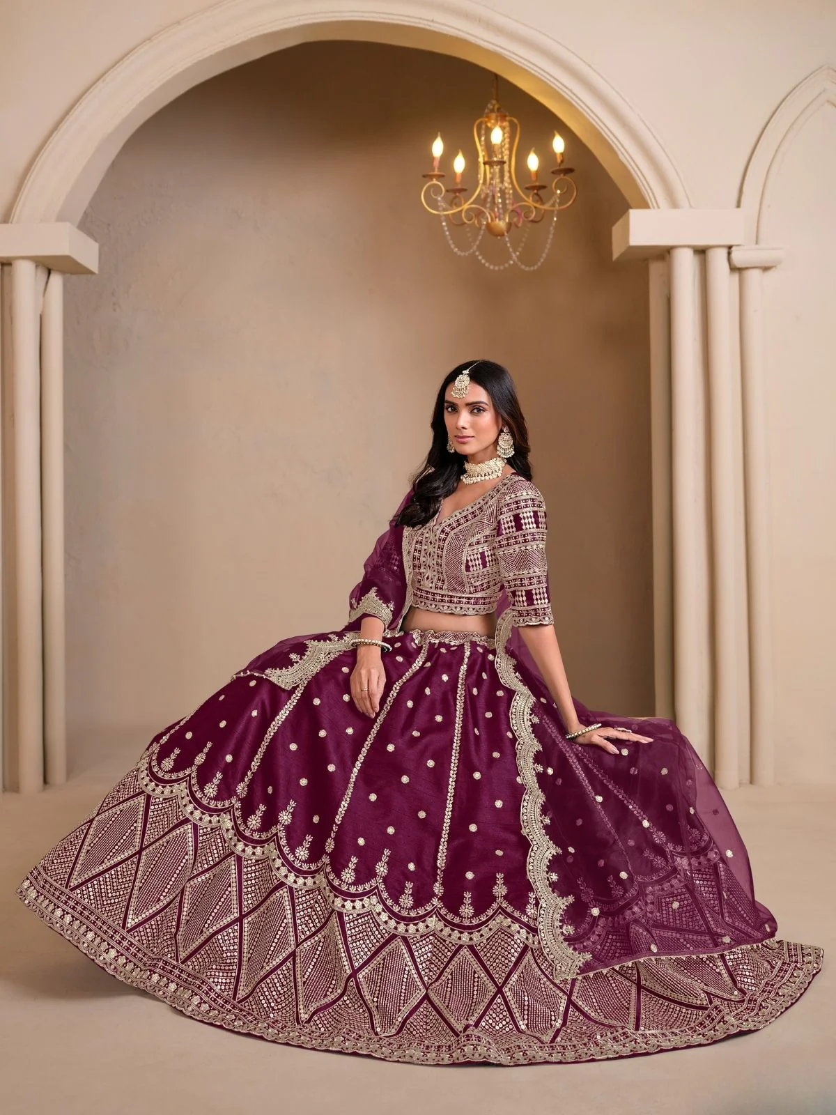 Odette Wine Art Silk Embroidered Semi-Stitched lehenga For Women - Image 2