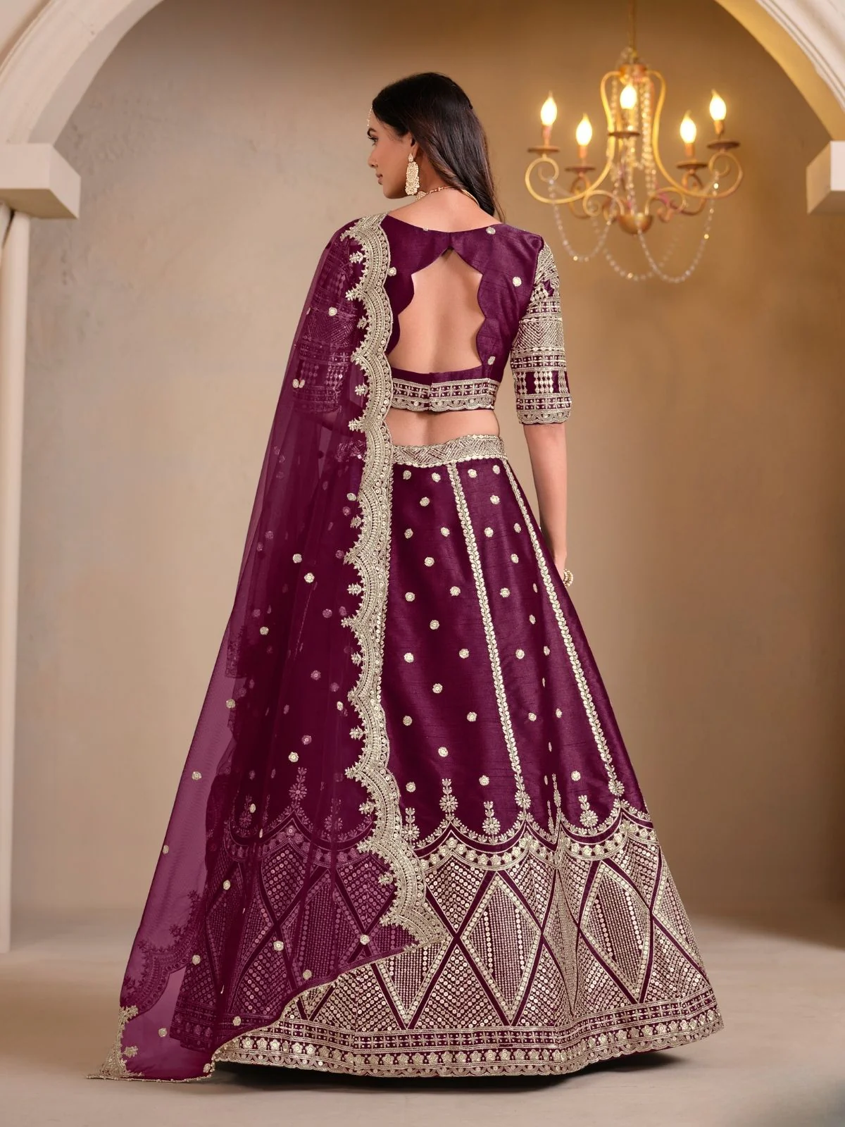 Odette Wine Art Silk Embroidered Semi-Stitched lehenga For Women - Image 4
