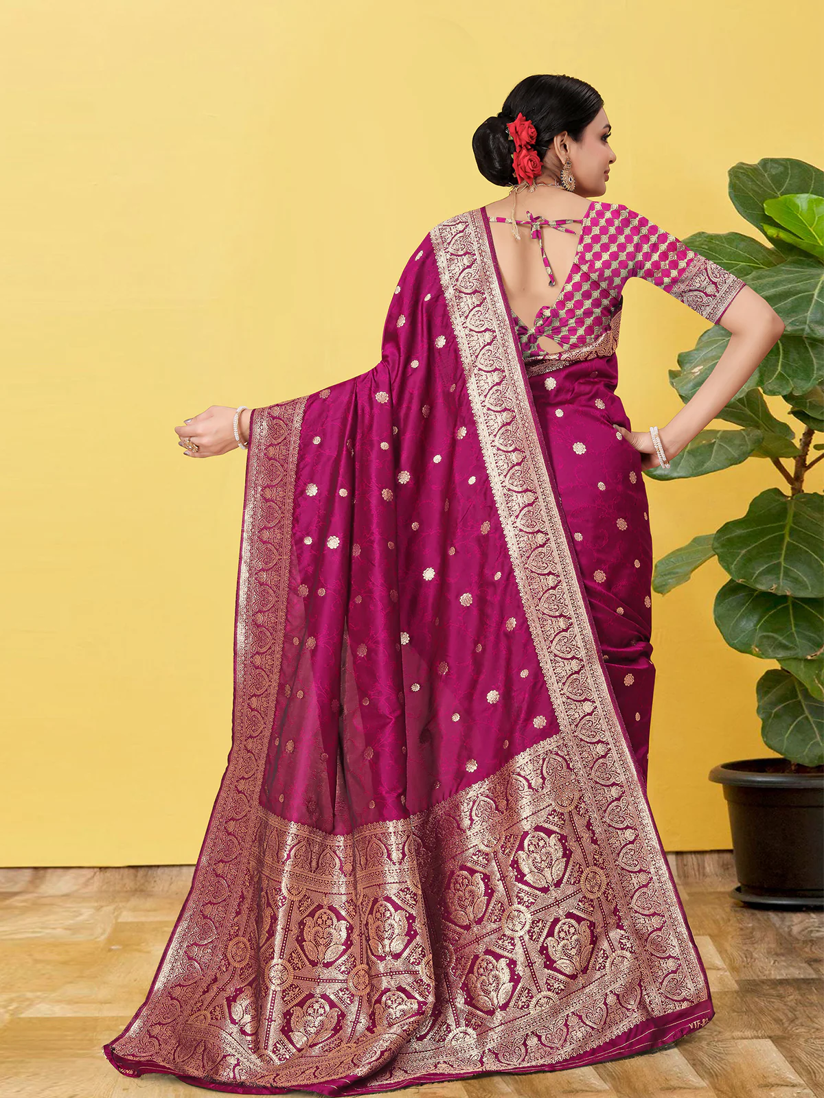 Odette Wine  Banarasi Woven Saree With Unstitched Blouse For Women - Image 4
