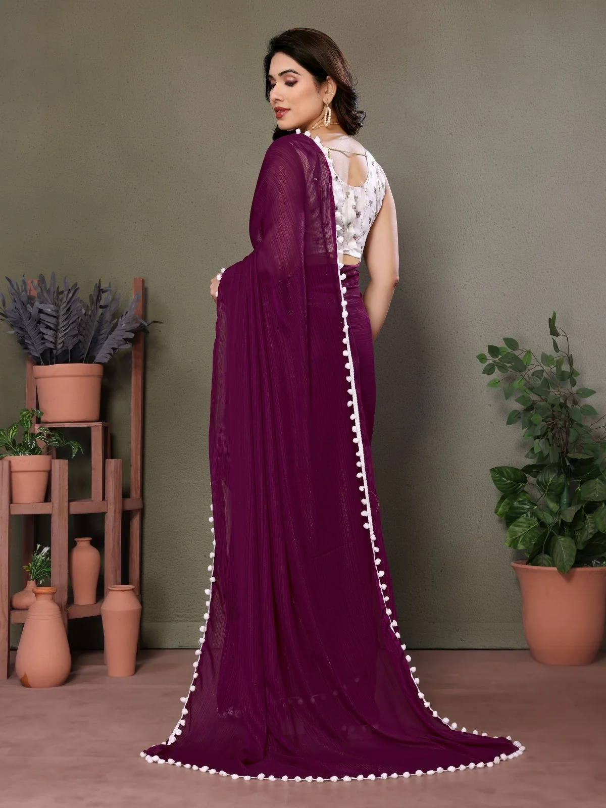 Odette Wine Banglori Lace Work Saree With Unstitched Blouse For Women - Image 4