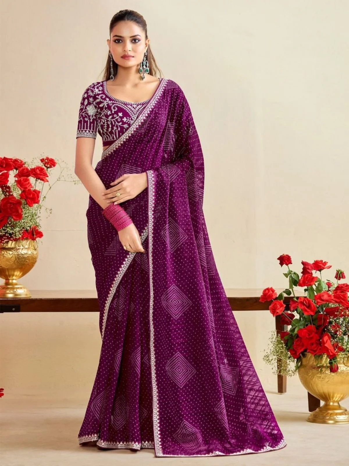 Odette Wine Chiffon Embellished Saree For Women