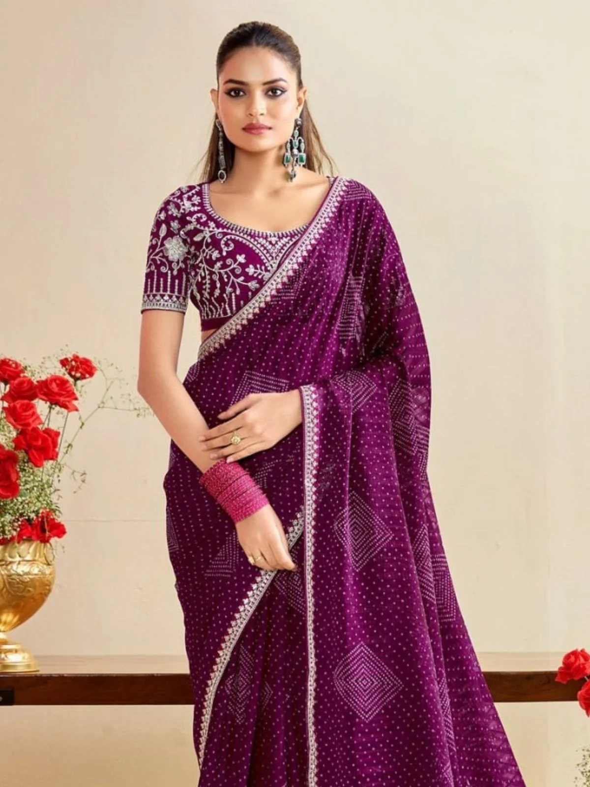 Odette Wine Chiffon Embellished Saree For Women - Image 2