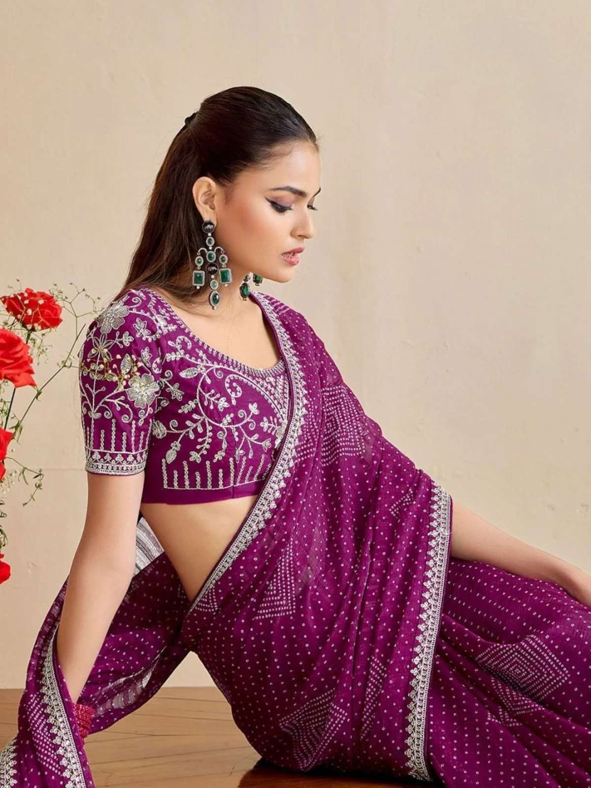 Odette Wine Chiffon Embellished Saree For Women - Image 3