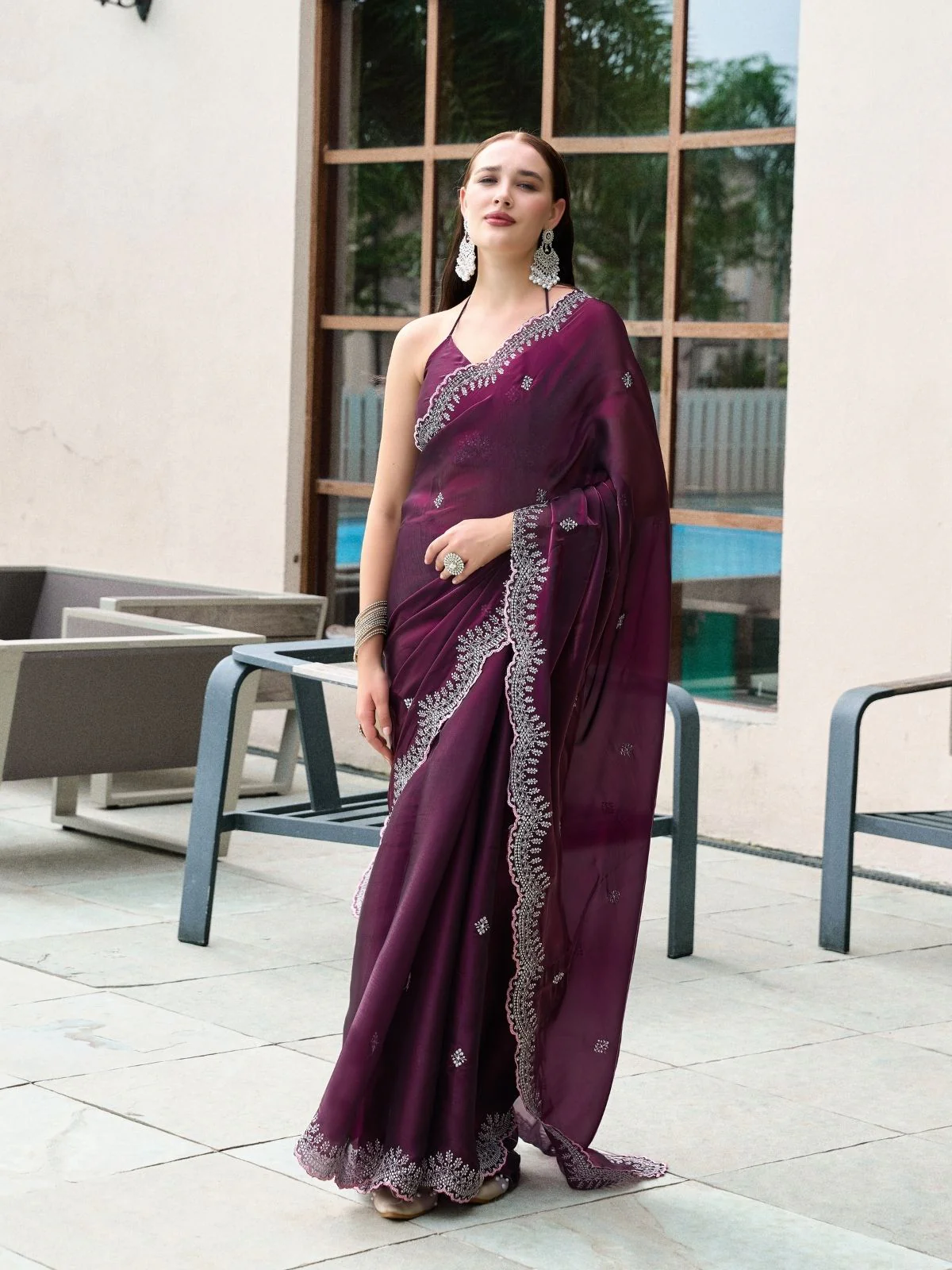 Odette Wine Chiffon Embellished Saree For Women