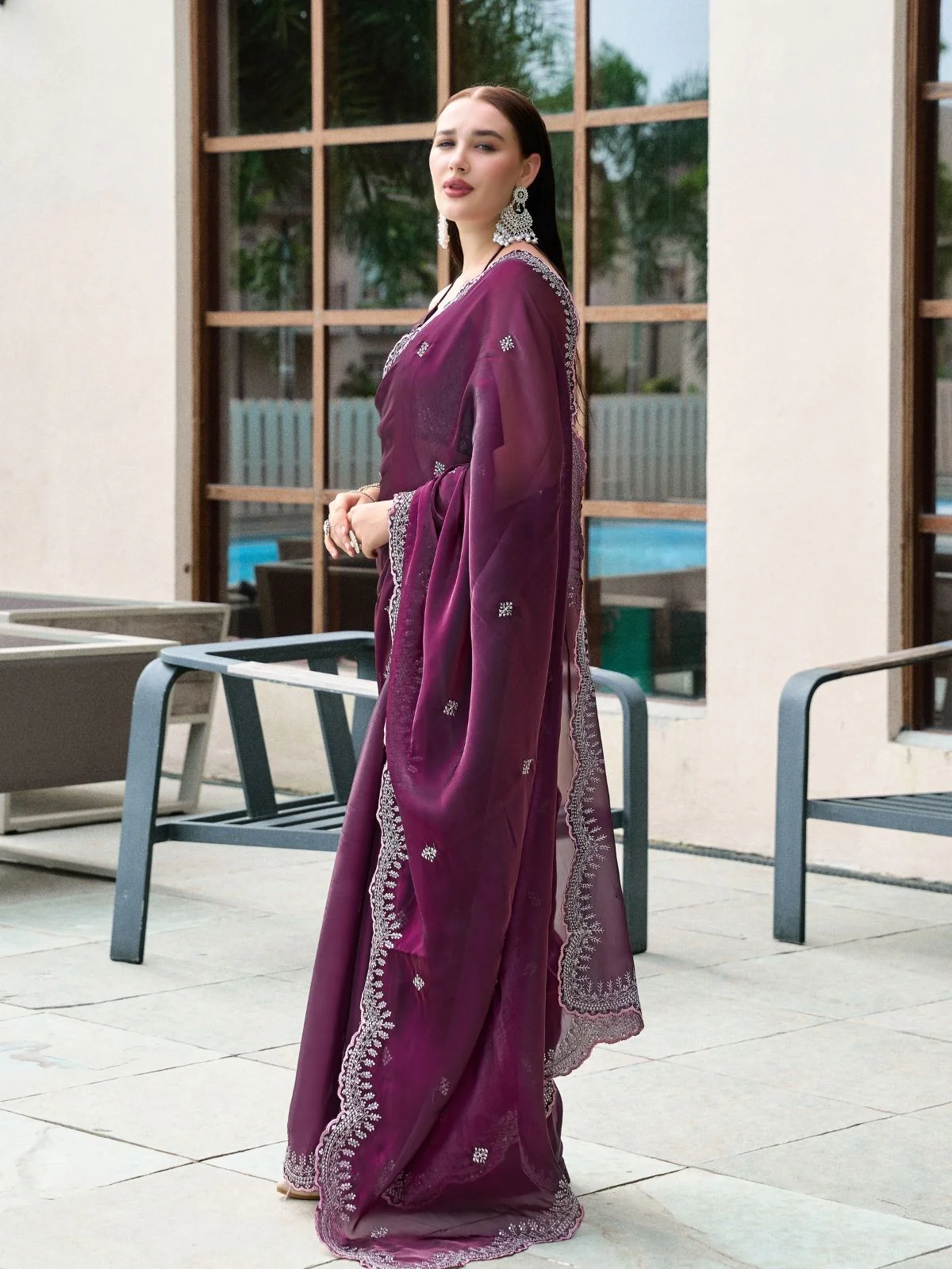 Odette Wine Chiffon Embellished Saree For Women - Image 2