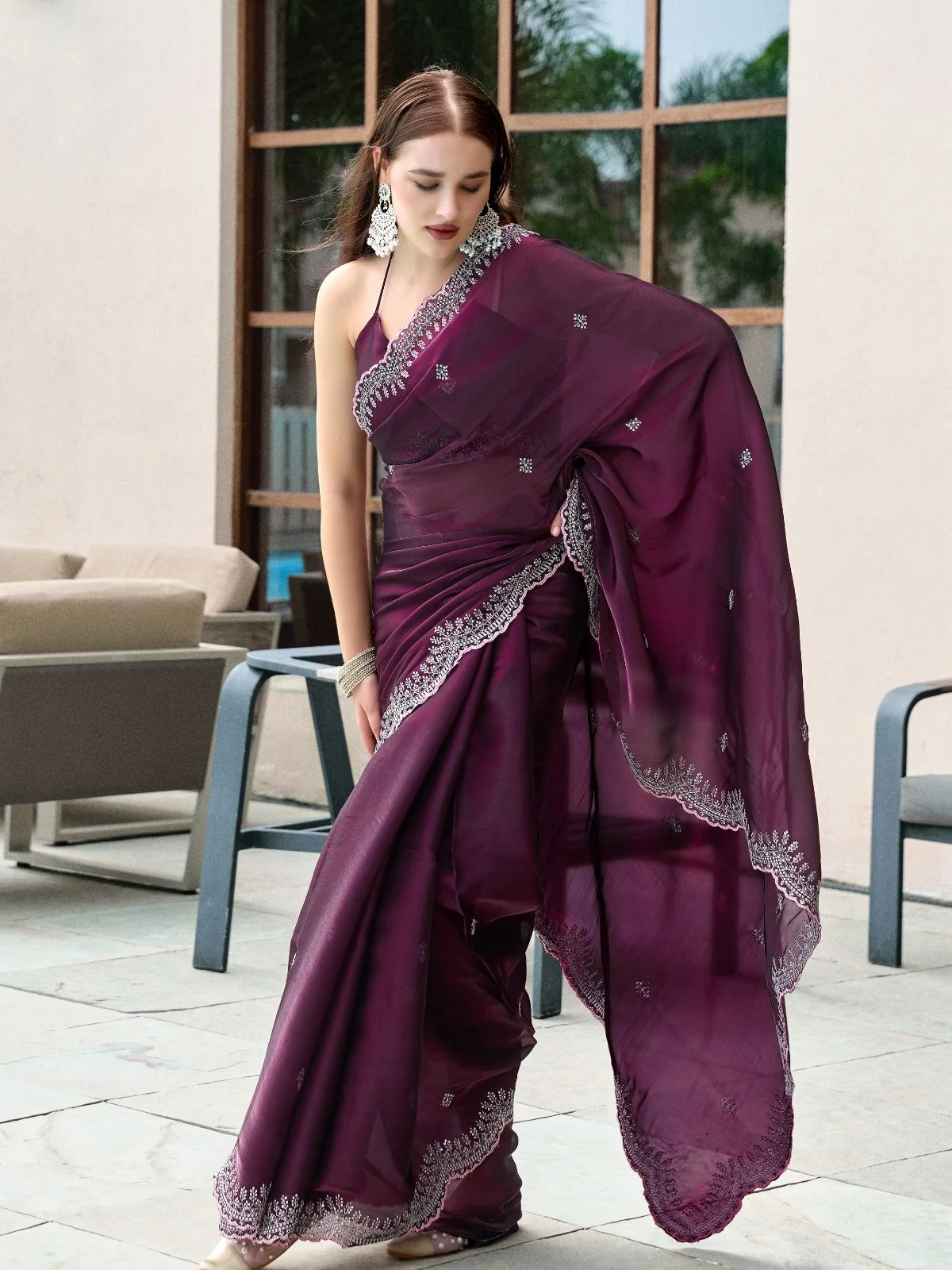 Odette Wine Chiffon Embellished Saree For Women - Image 3