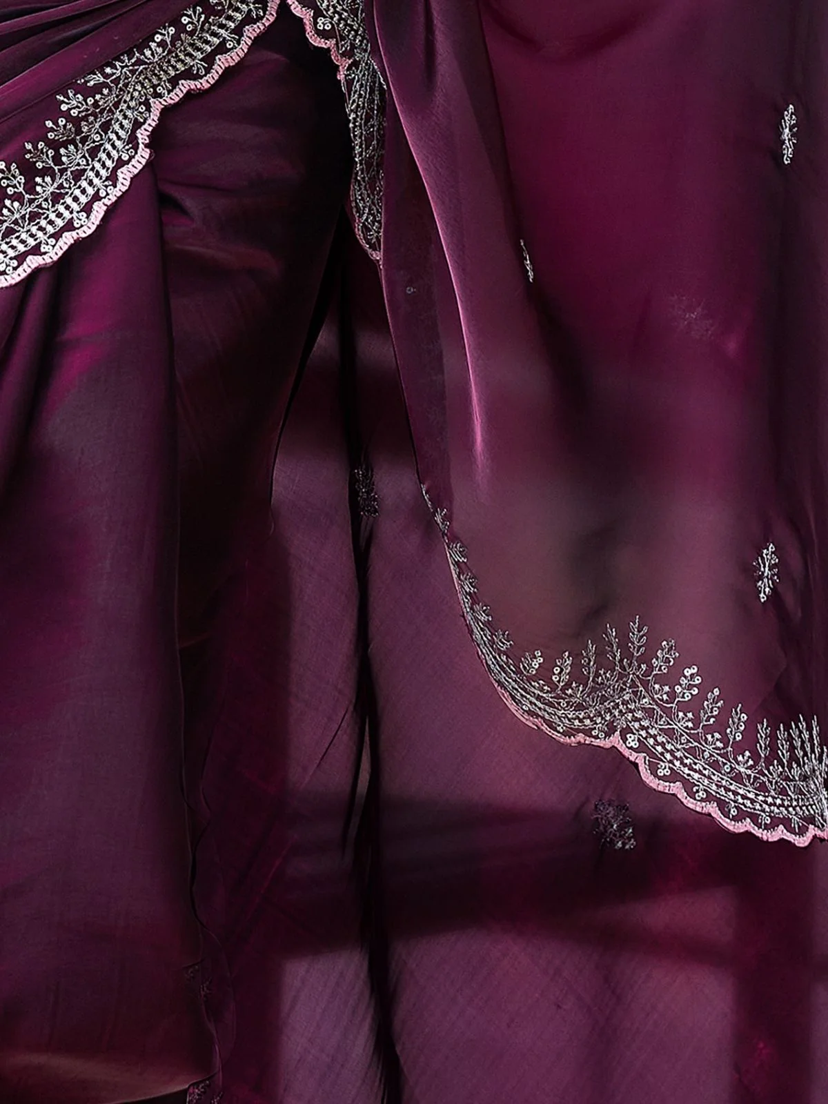 Odette Wine Chiffon Embellished Saree For Women - Image 6