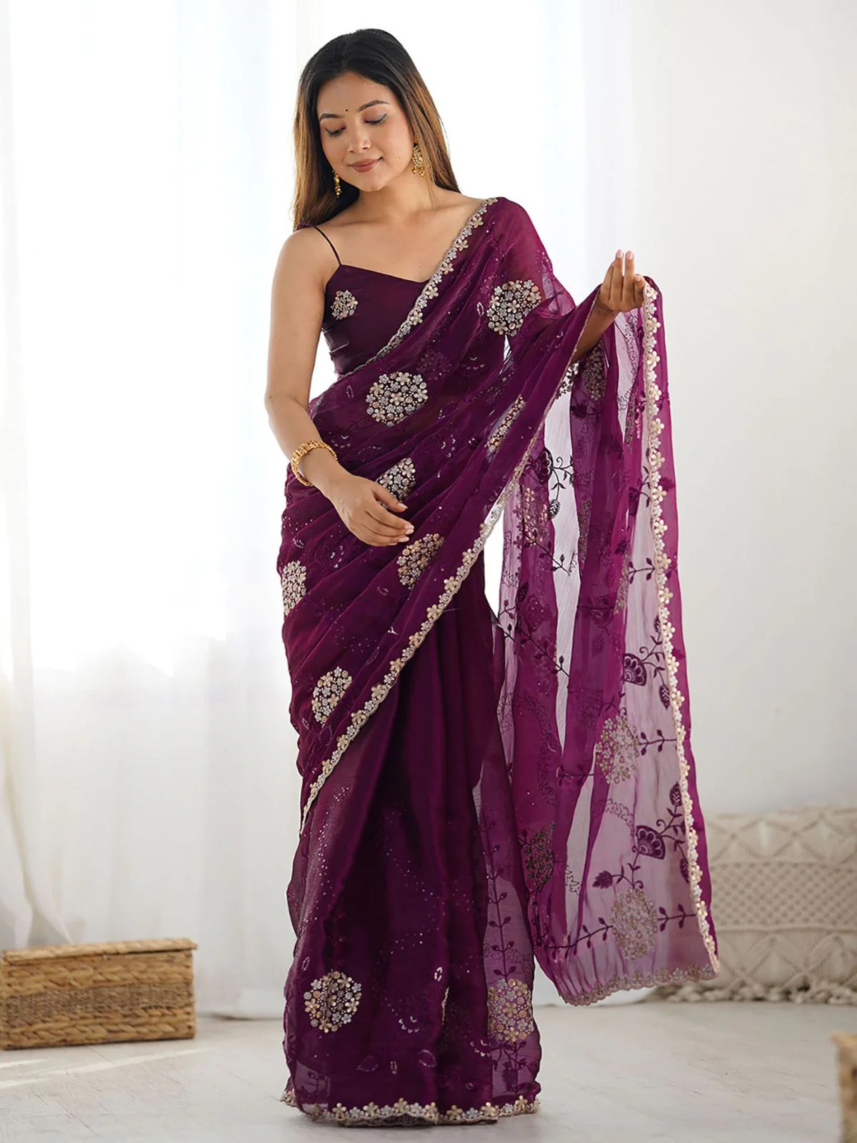 Odette Wine Chiffon Embroidered Elegant Saree For Women