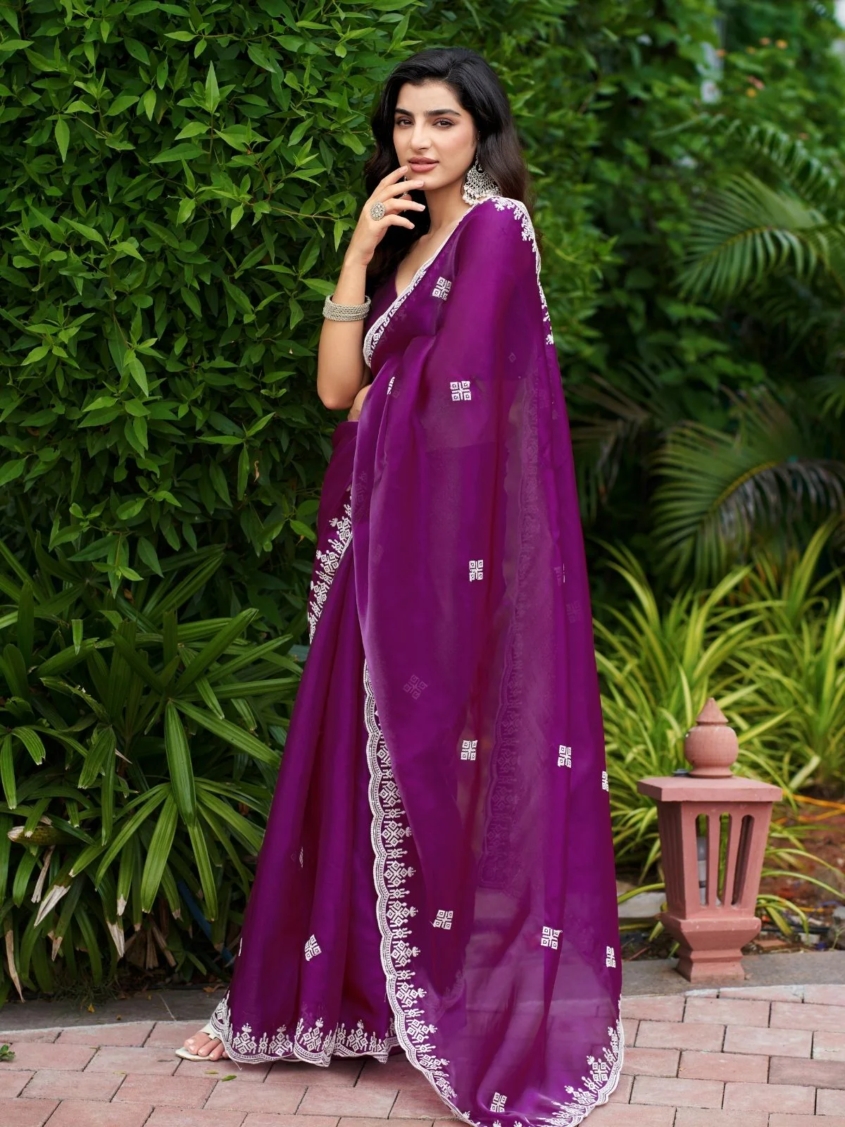 Odette Wine Chiffon Embroidered Saree For Women - Image 2