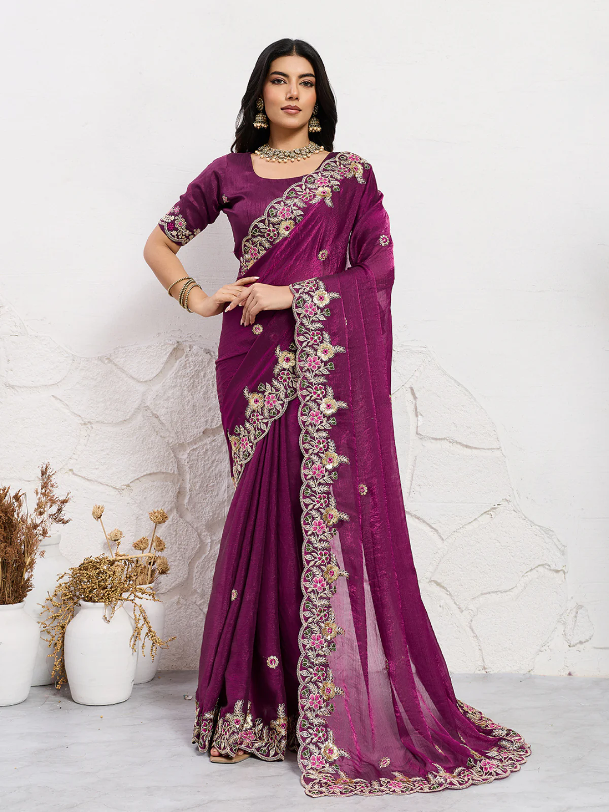Odette Wine Chiffon Embroidered Saree For Women
