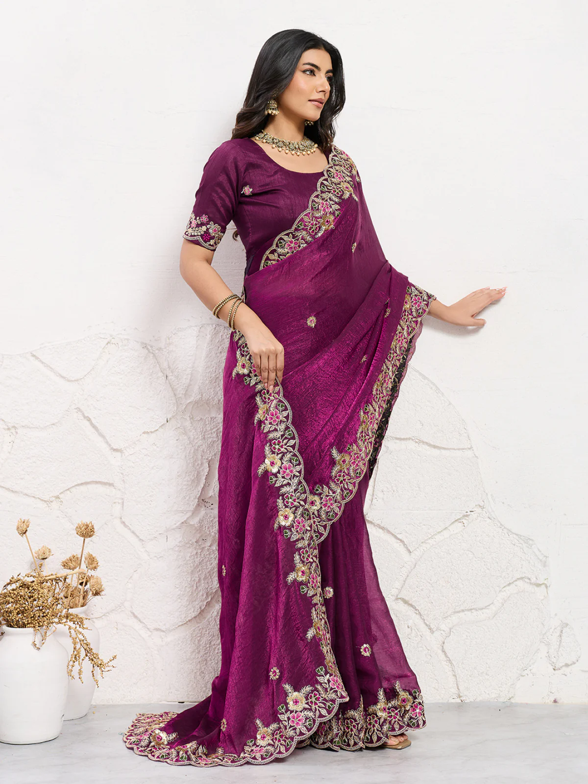 Odette Wine Chiffon Embroidered Saree For Women - Image 2