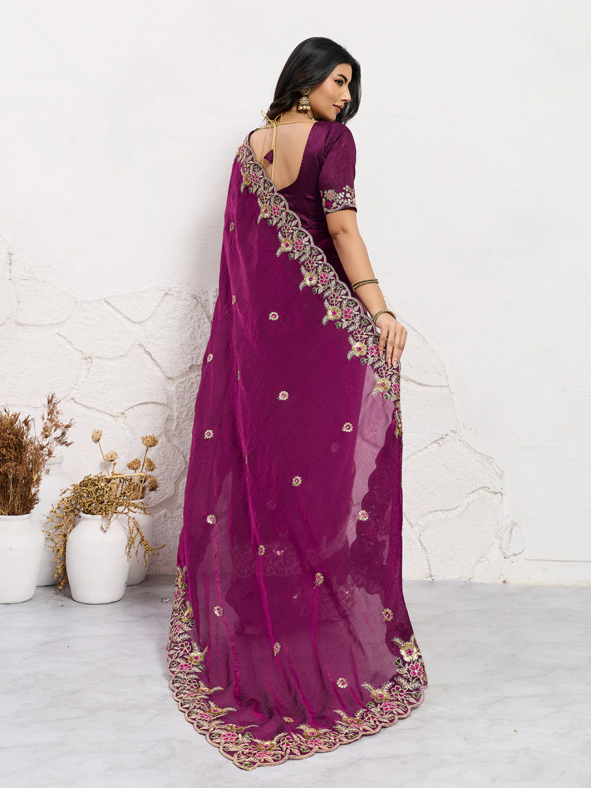 Odette Wine Chiffon Embroidered Saree For Women - Image 3