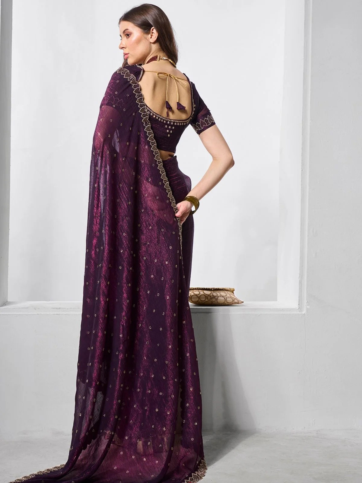 Odette Wine Chiffon Embroidered Saree With Unstitched Blouse For Women - Image 4