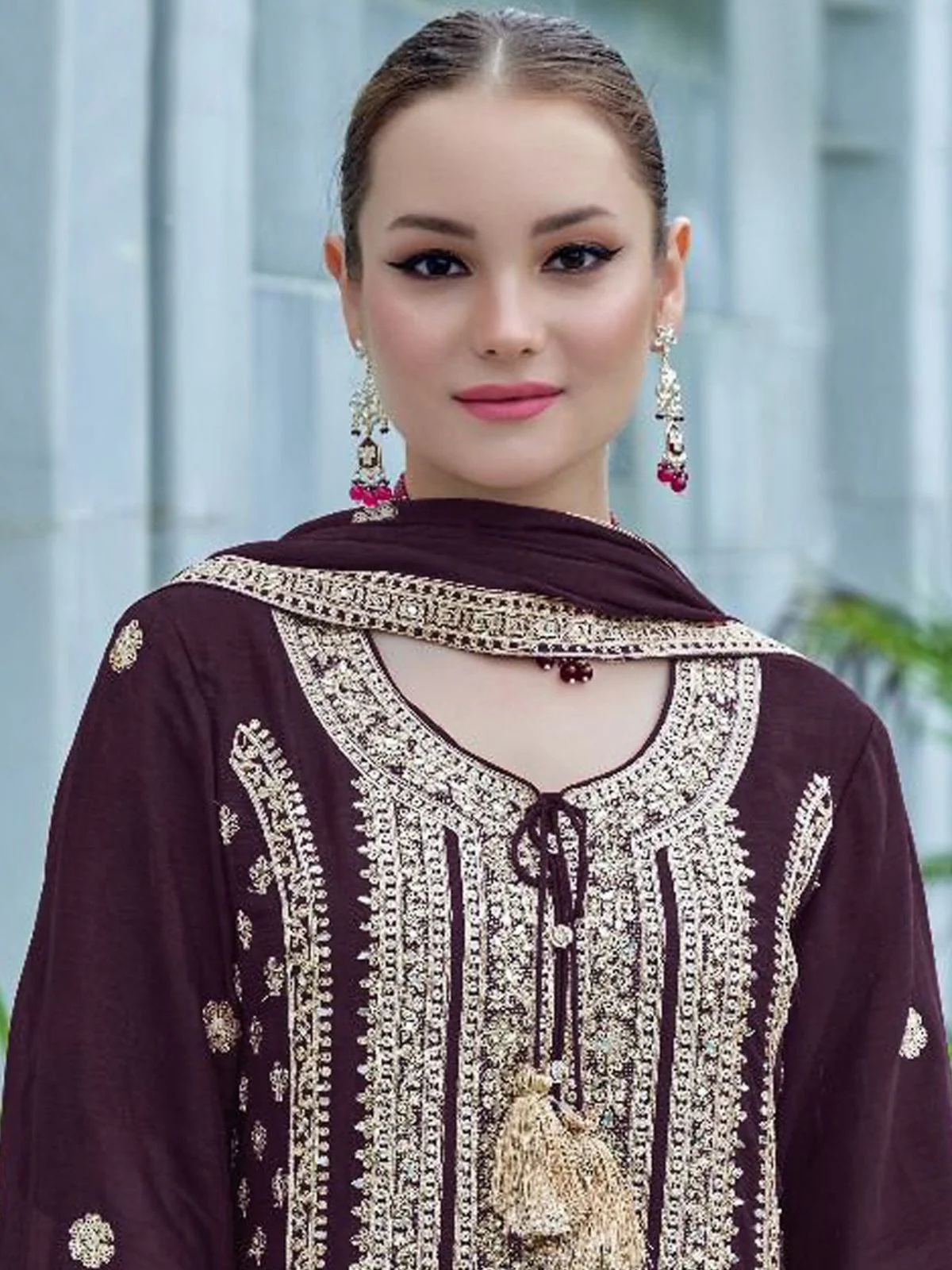 Odette Wine Chinon Embroidered Semi-Stitched Kurta Set For Women - Image 2