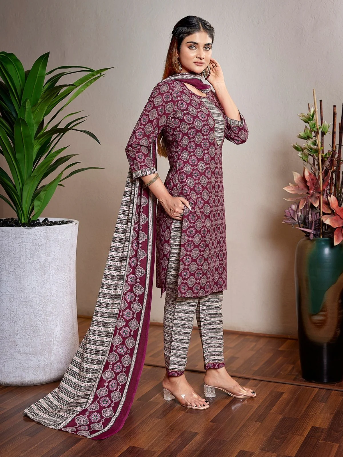 Odette Wine Cotton Blend Printed Stiched Kurta Set For Women - Image 2