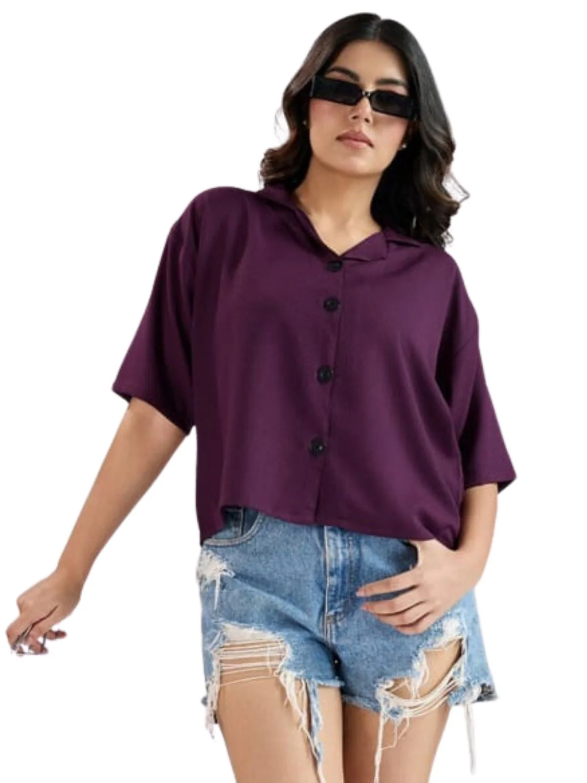 Odette Wine Cotton Blend Solid Shirt For Women - Image 2