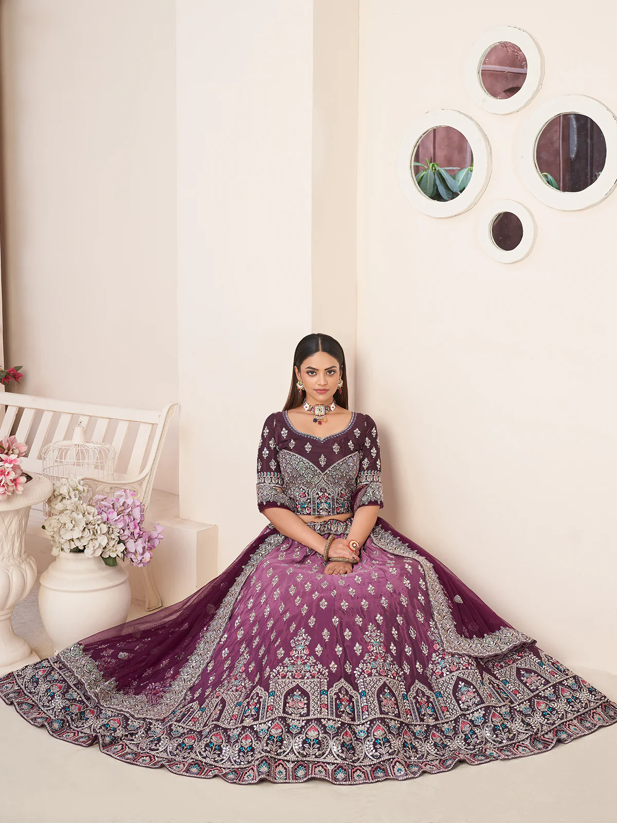 Odette violet Crepe Embroidered Semi Stitched Lehenga With Unstitched Blouse for Women - Image 2