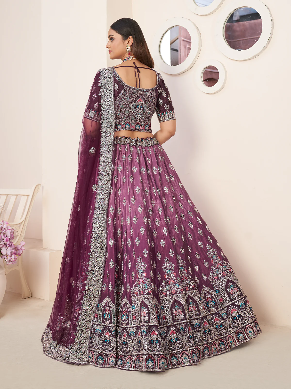 Odette violet Crepe Embroidered Semi Stitched Lehenga With Unstitched Blouse for Women - Image 3
