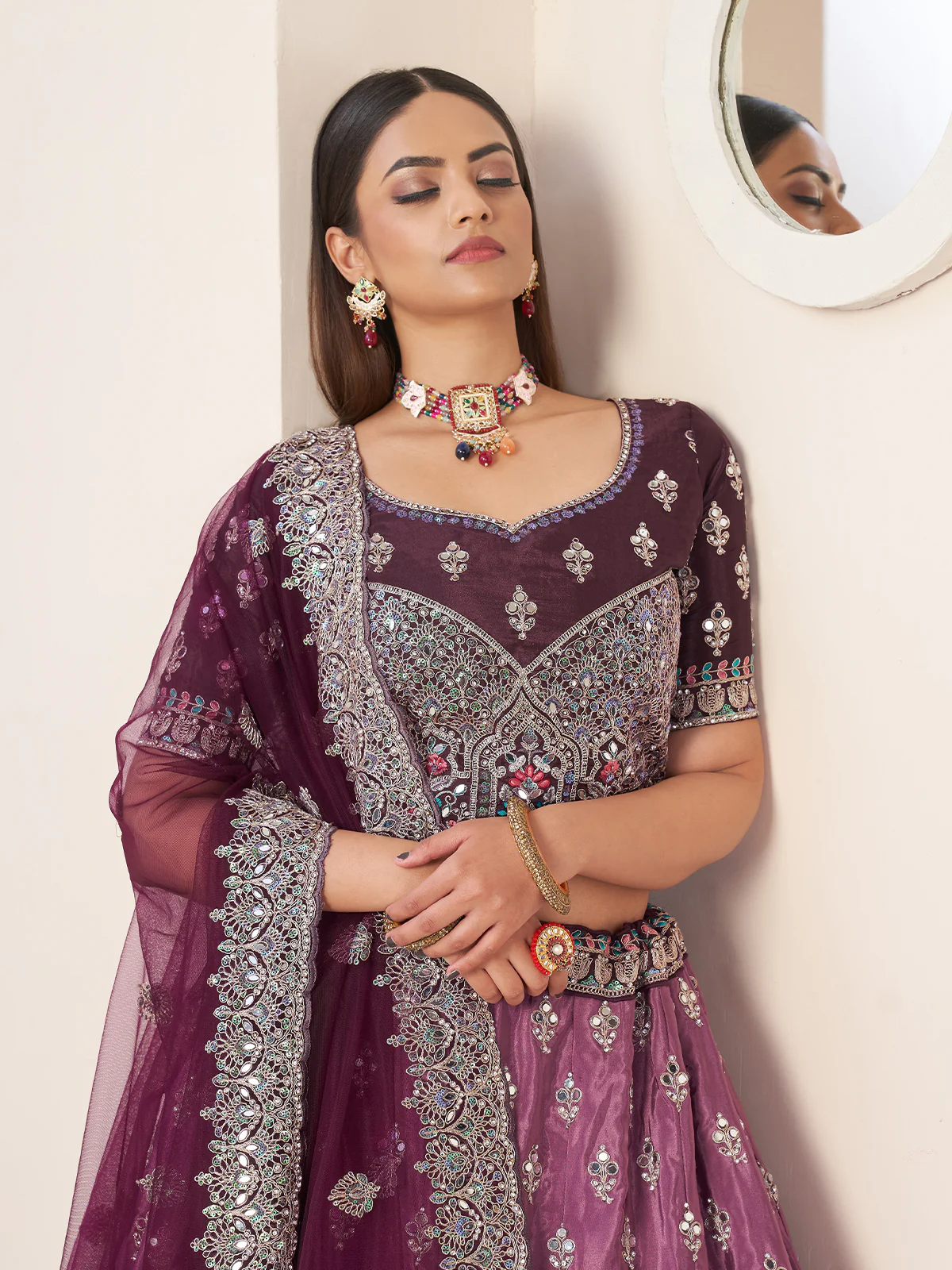 Odette violet Crepe Embroidered Semi Stitched Lehenga With Unstitched Blouse for Women - Image 4