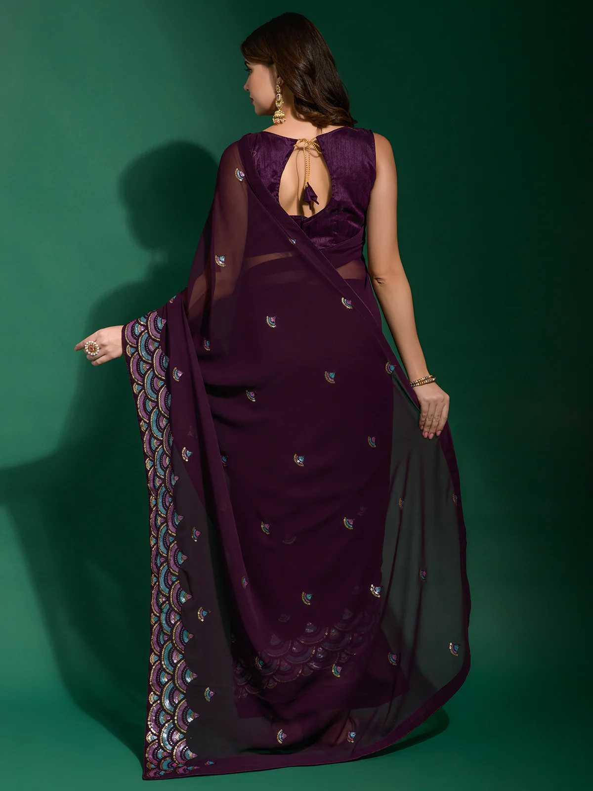 Odette Wine Embellished Georgette Saree With Unstitched Blouse For Women - Image 3