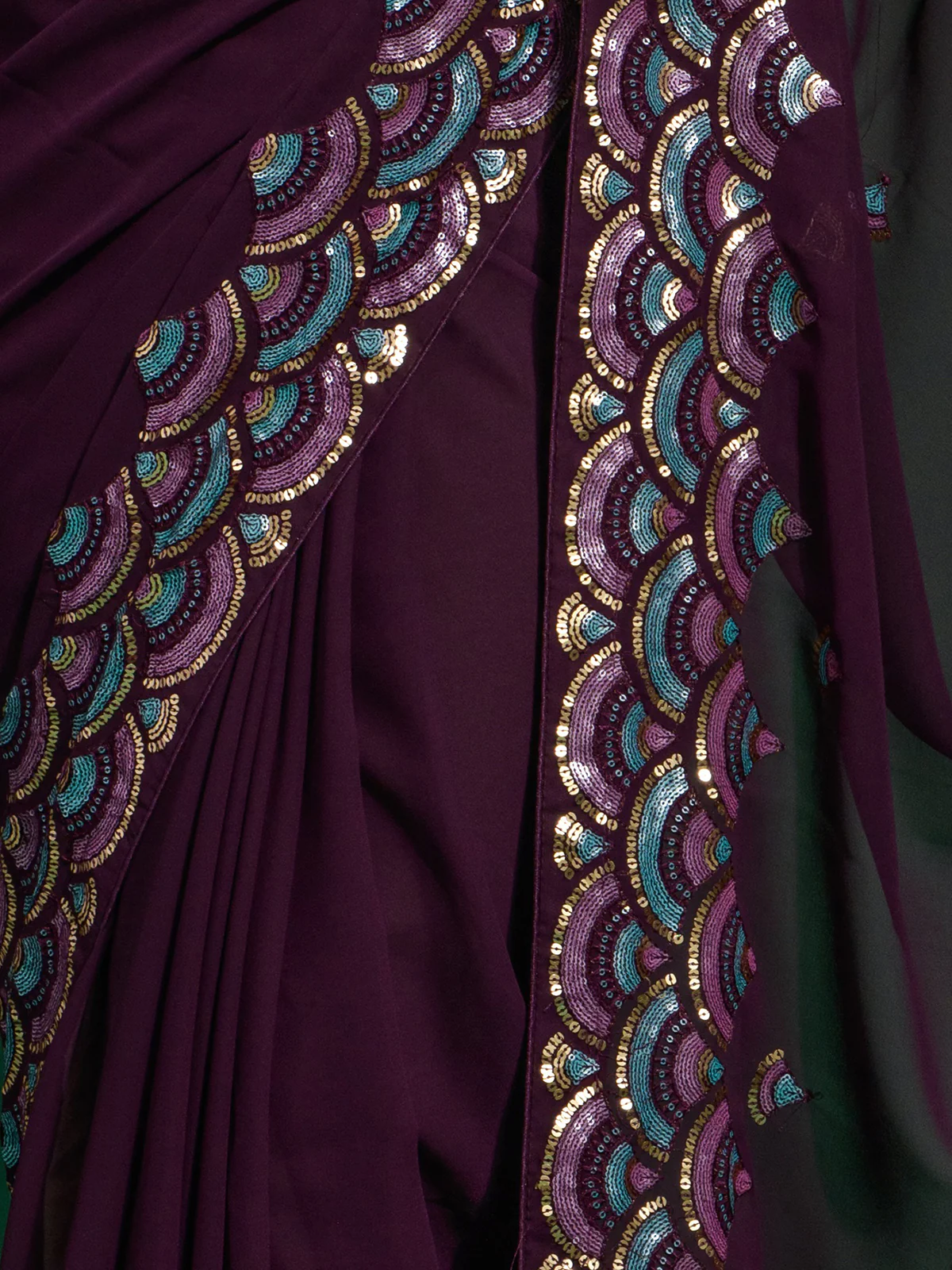 Odette Wine Embellished Georgette Saree With Unstitched Blouse For Women - Image 5